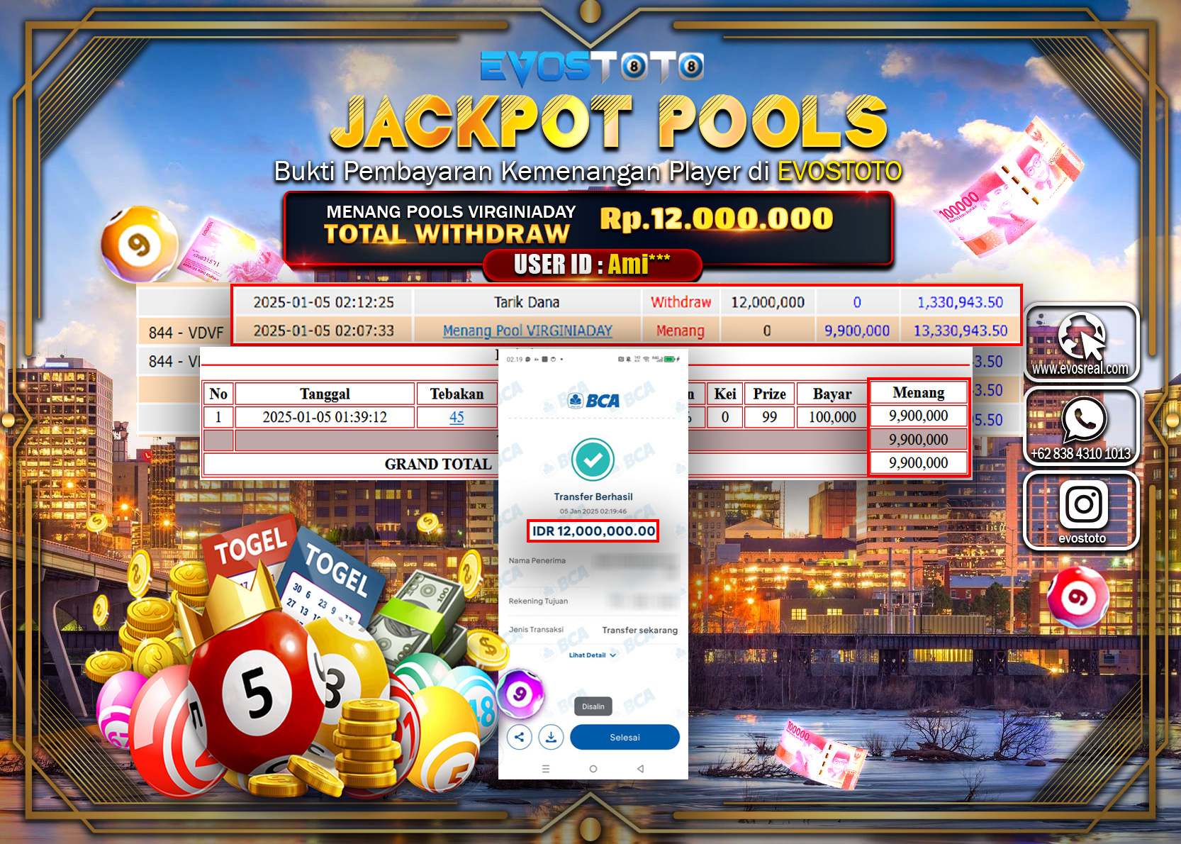 PEMBAYARAN JACKPOT POOLS VIRGINIADAY Rp.12.000.000 DI BAYAR LANGSUNG !