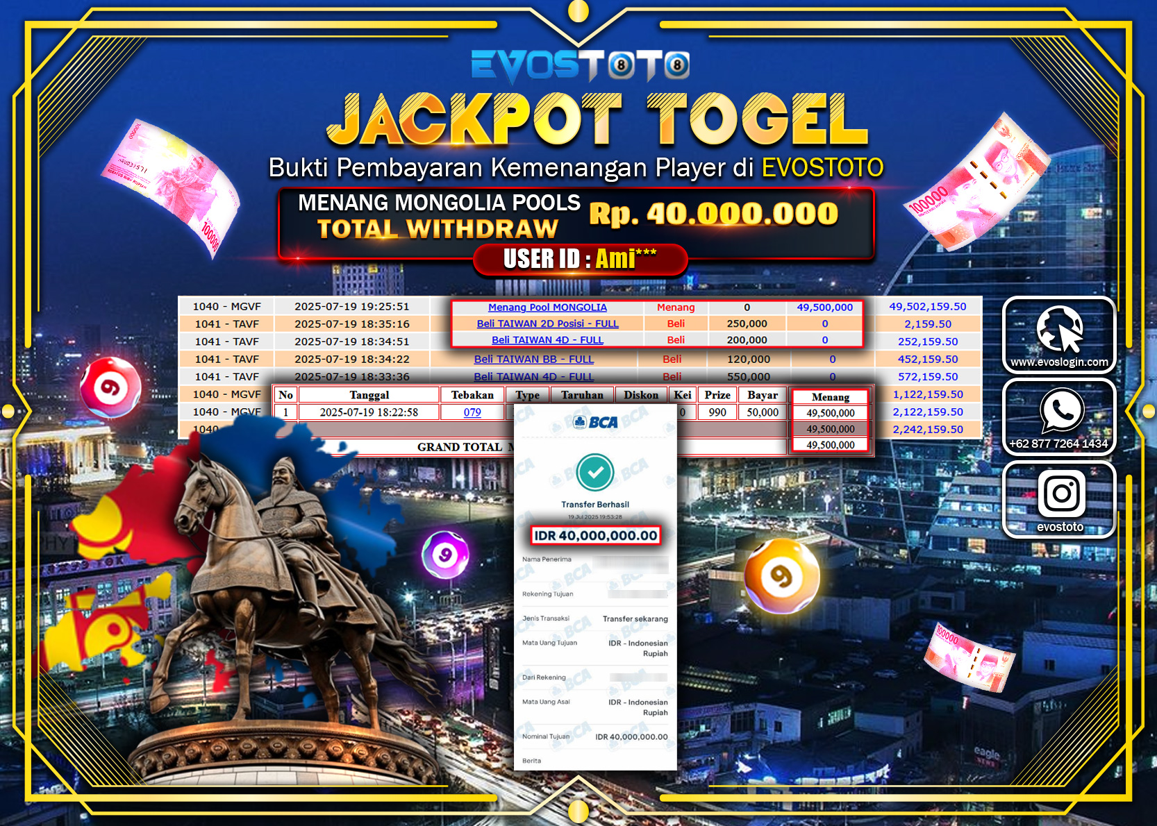 PEMBAYARAN JACKPOT TOGEL MONGOLIA POOLS  Rp.40.000.000 DI BAYAR LANGSUNG !