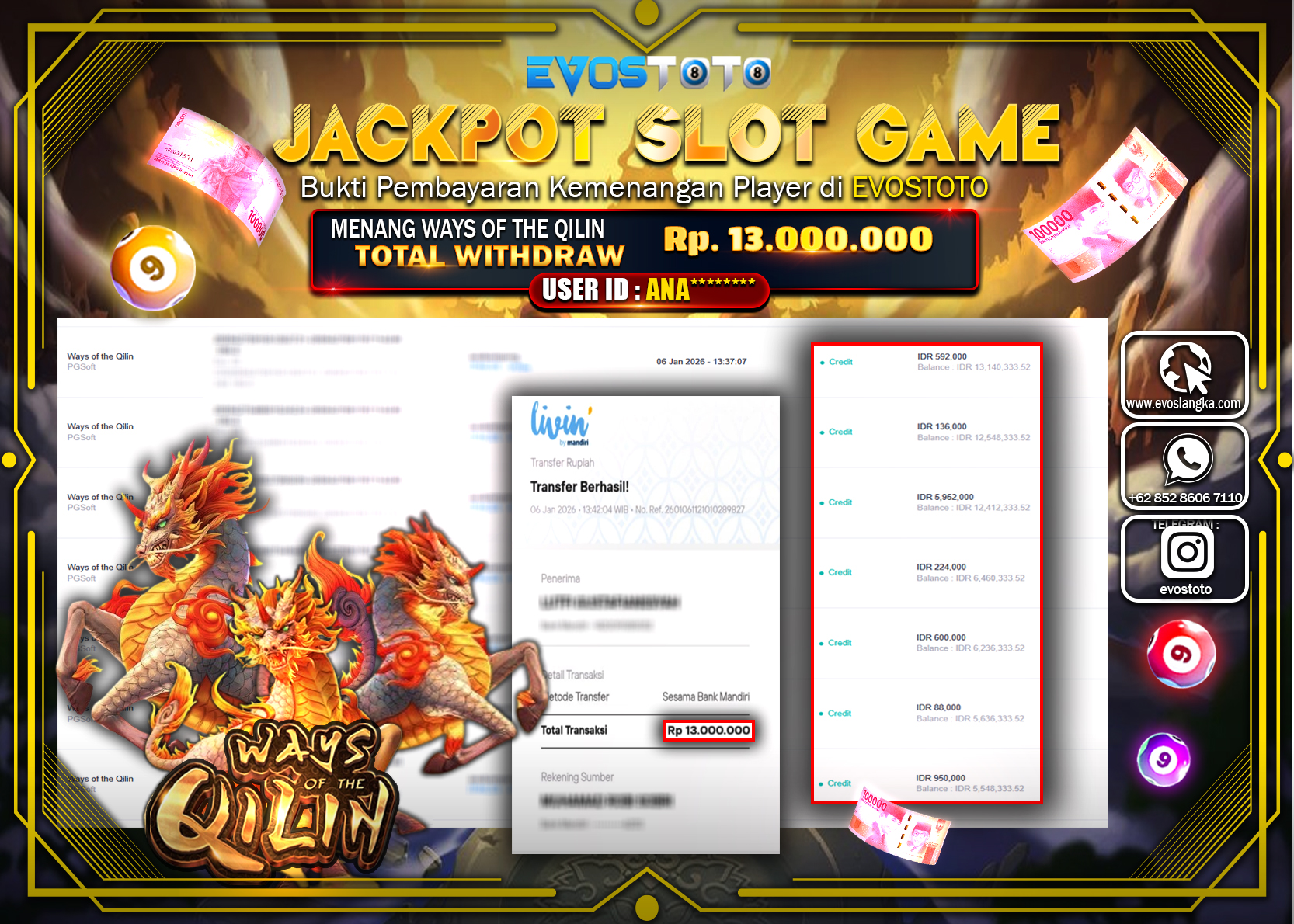 PEMBAYARAN JACKPOT SLOT WAYS OF THE QILIN Rp.13.000.000 DI BAYAR LANGSUNG !