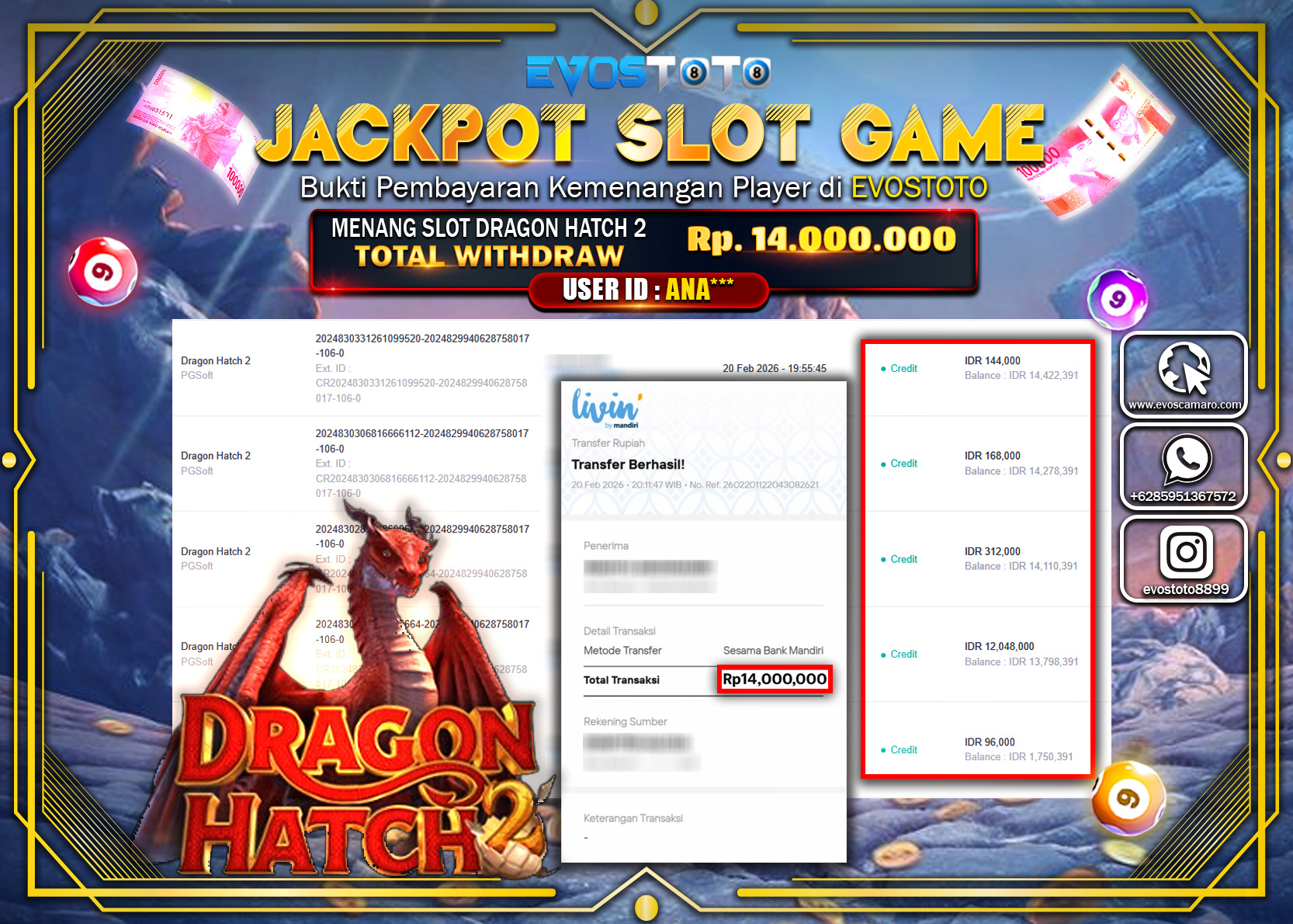 PEMBAYARAN JACKPOT SLOT DRAGON HATCH 2 Rp.14.000.000 DI BAYAR LANGSUNG !