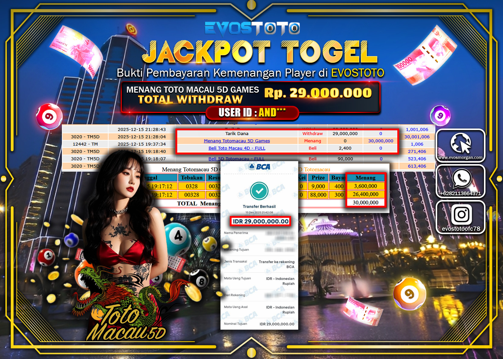 PEMBAYARAN JACKPOT TOGEL TOTO MACAU 5D GAMES Rp.29.000.000 DI BAYAR LANGSUNG !