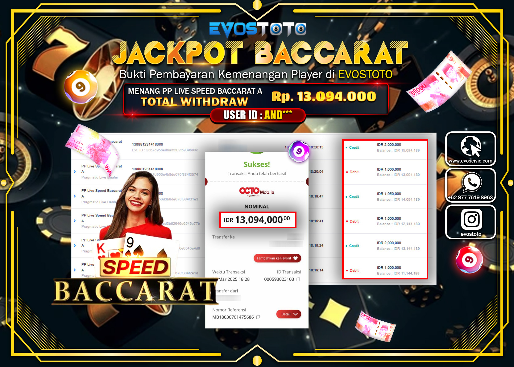 PEMBAYARAN JACKPOT CASINO INDONESIA SPEED BACCARAT 1 Rp.13.094.000 DI BAYAR LANGSUNG !