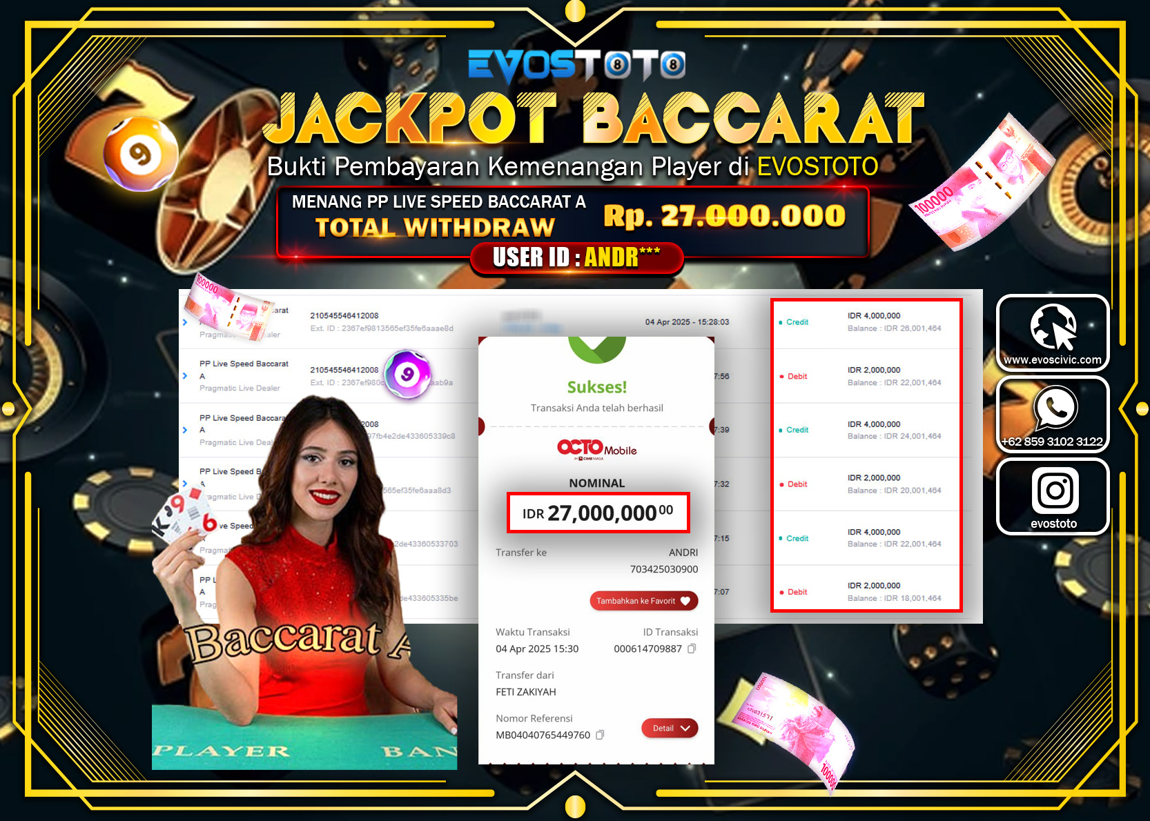 PEMBAYARAN JACKPOT CASINO PP LIVE BACCARAT A Rp.27.000.000 DI BAYAR LANGSUNG !