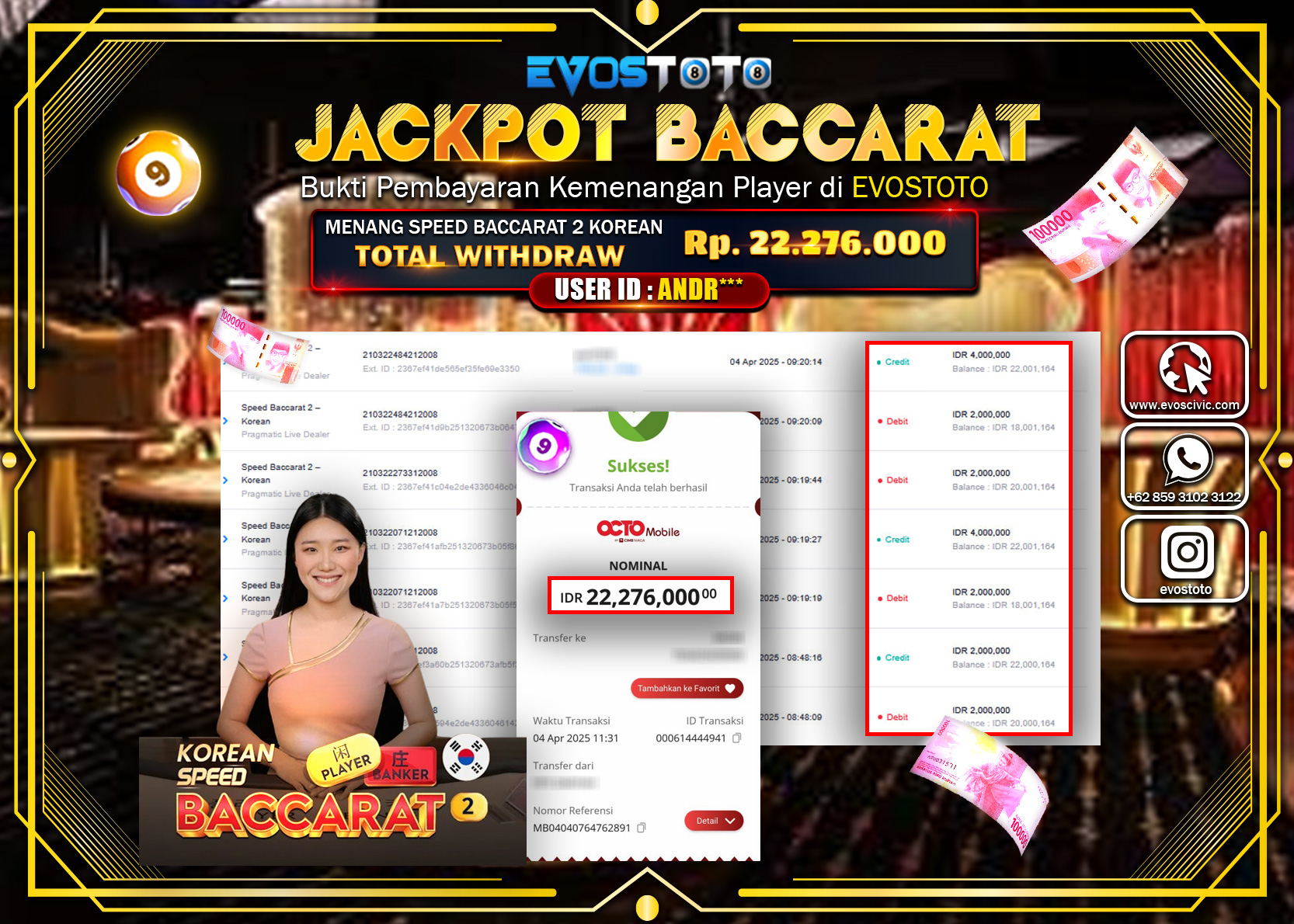 PEMBAYARAN JACKPOT CASINO SPEED BACCARAT 2 KOREAN Rp.22.276.000 DI BAYAR LANGSUNG !