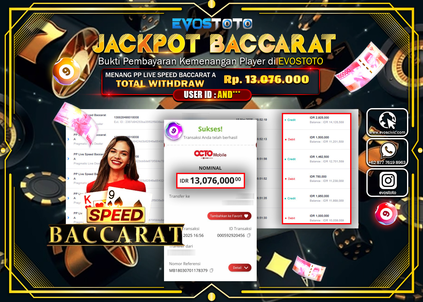 PEMBAYARAN JACKPOT CASINO INDONESIA SPEED BACCARAT 1 Rp.13.076.000 DI BAYAR LANGSUNG !