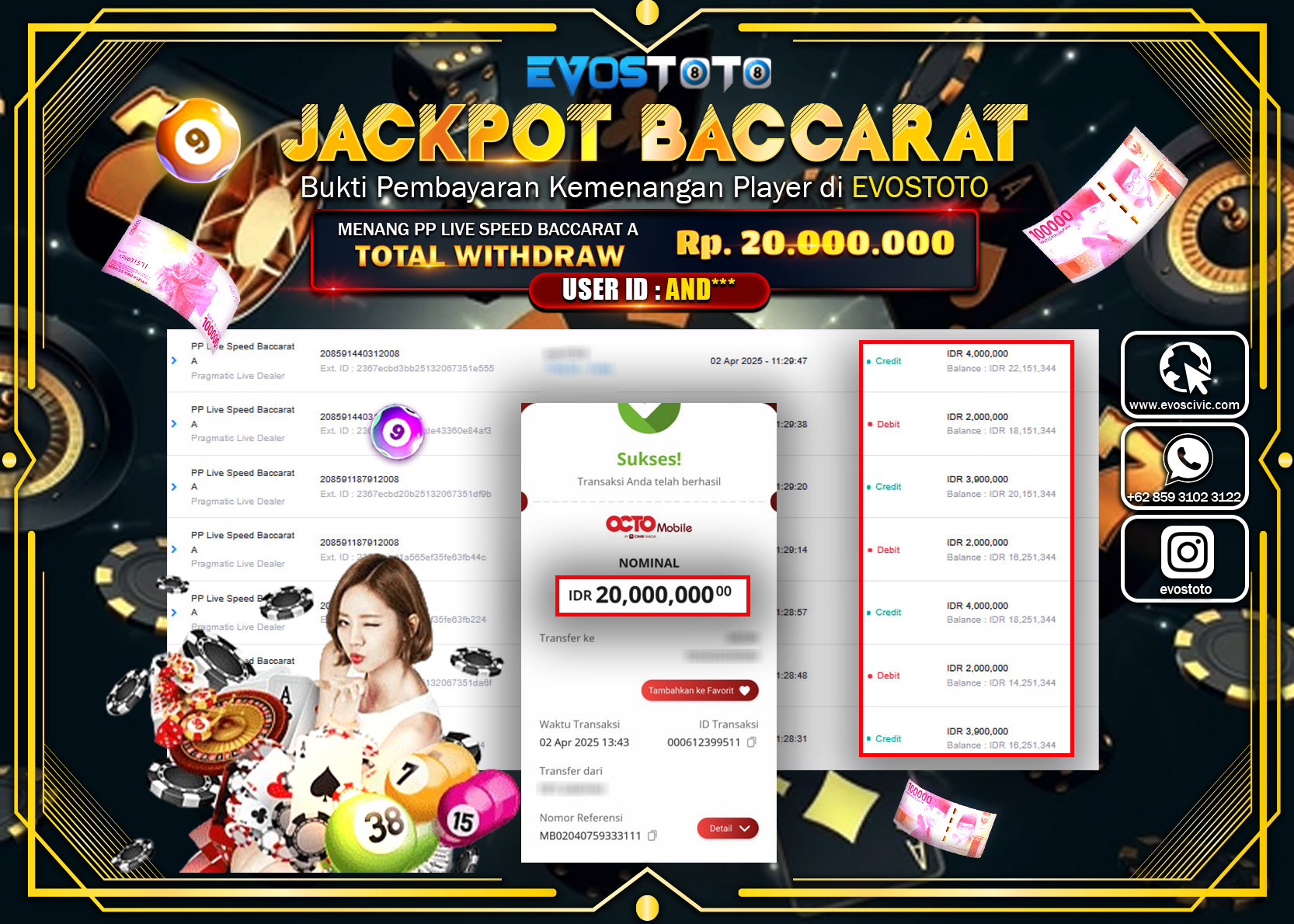 PEMBAYARAN JACKPOT CASINO PP LIVE BACCARAT A Rp.20.000.000 DI BAYAR LANGSUNG !