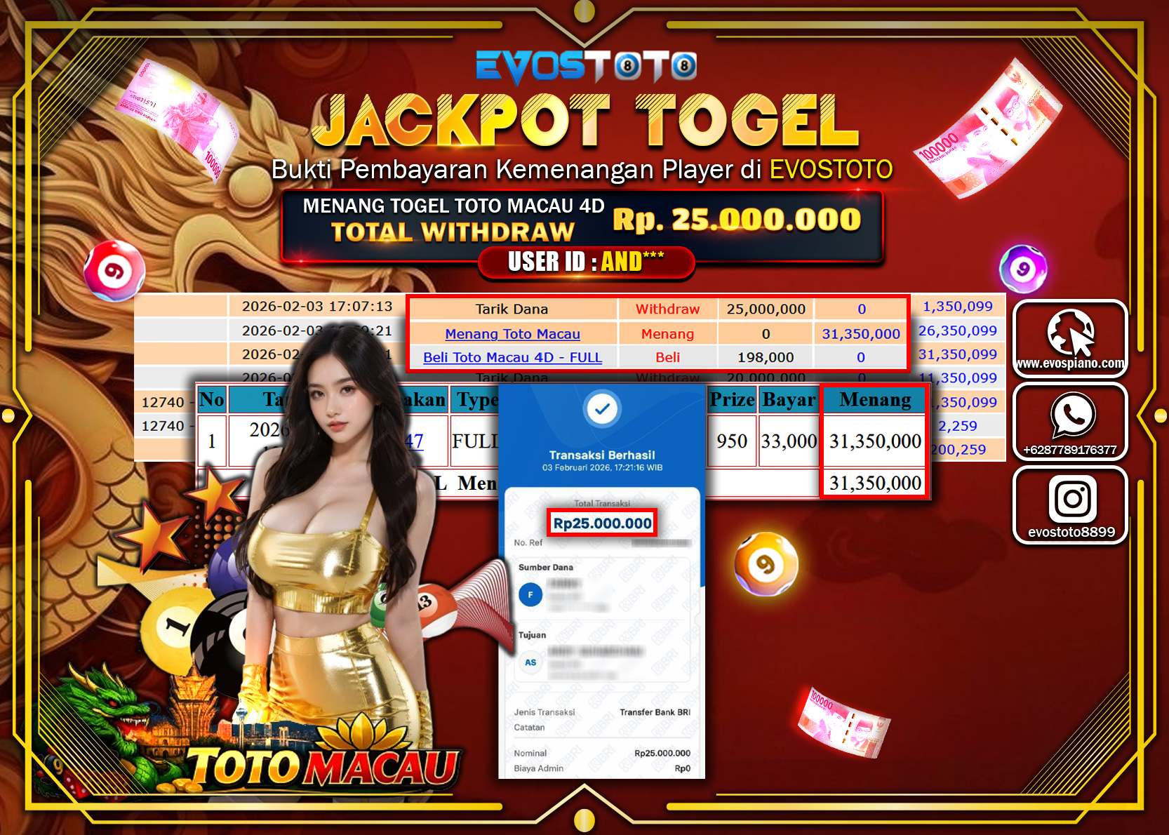PEMBAYARAN JACKPOT TOGEL TOTO MACAU 4D Rp.25.000.000 DI BAYAR LANGSUNG !