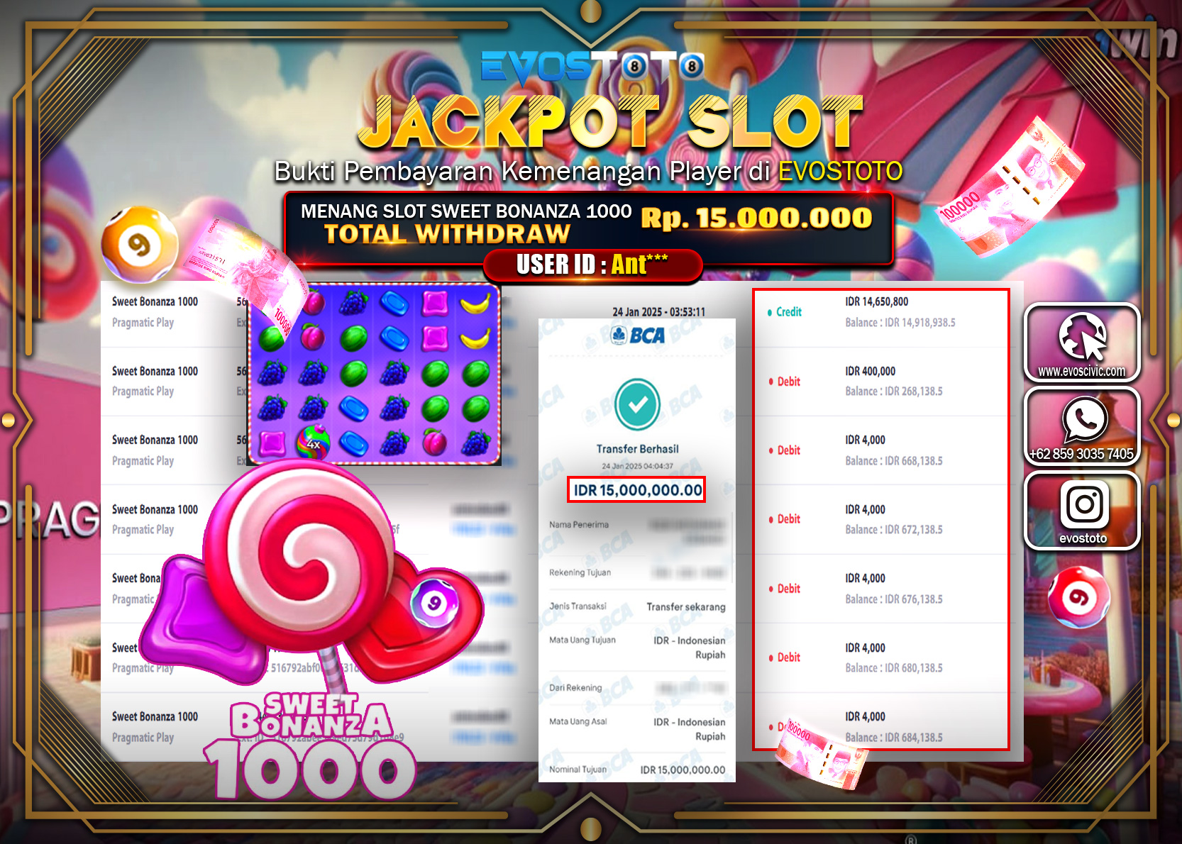 PEMBAYARAN JACKPOT SLOT SWEET BONANZA 1000 Rp.15.000.000 DI BAYAR LANGSUNG !