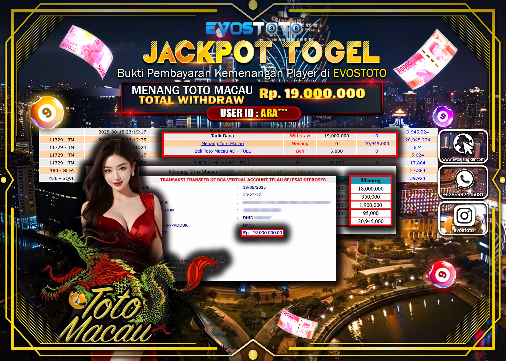 PEMBAYARAN JACKPOT TOGEL TOTO MACAU Rp19.000.000 DI BAYAR LANGSUNG !