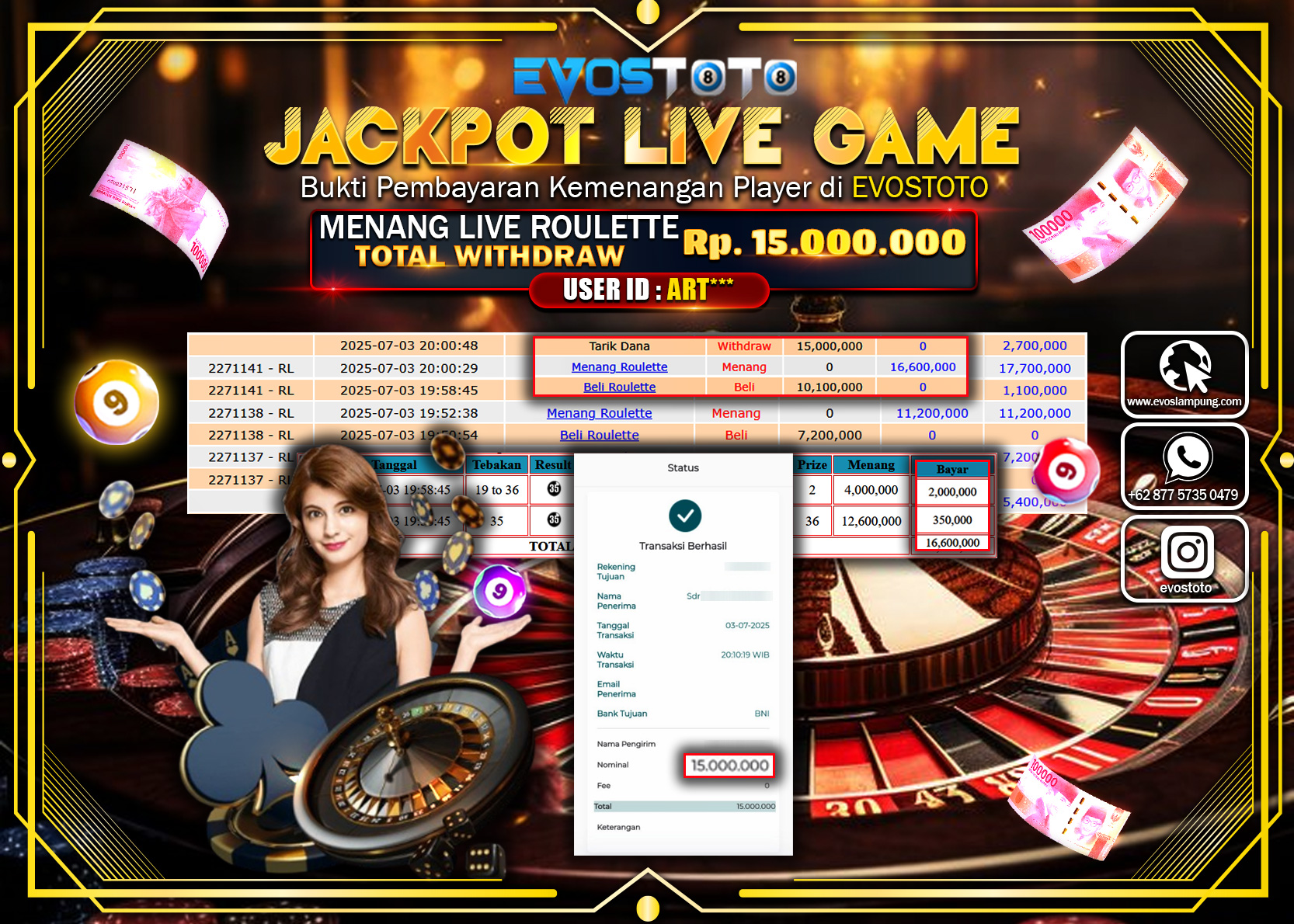 PEMBAYARAN JACKPOT LIVE GAME ROULETTE RP15.000.000 DI BAYAR LANGSUNG !