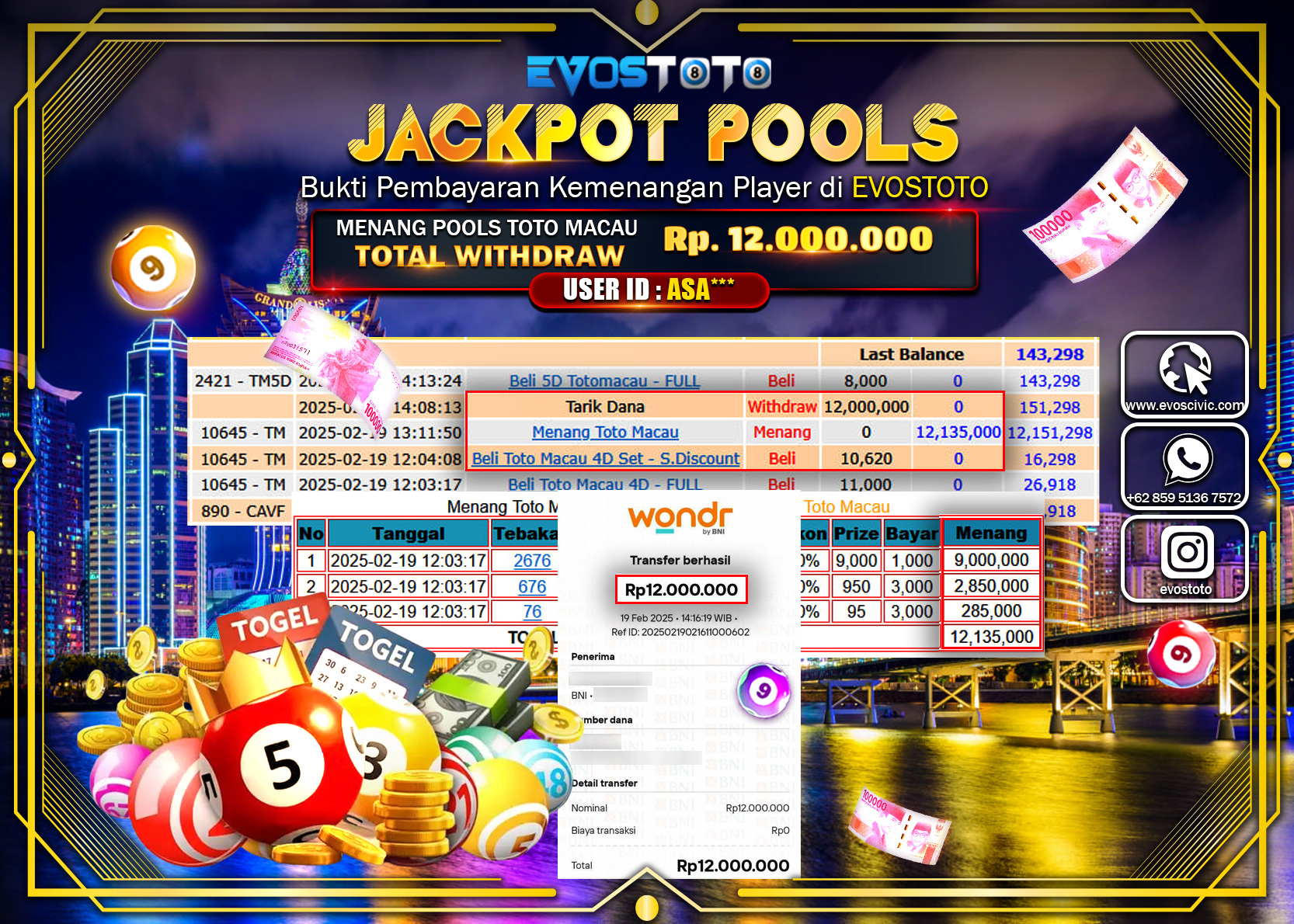 PEMBAYARAN JACKPOT POOLS TOTO MACAU Rp.12.000.000 DI BAYAR LANGSUNG !