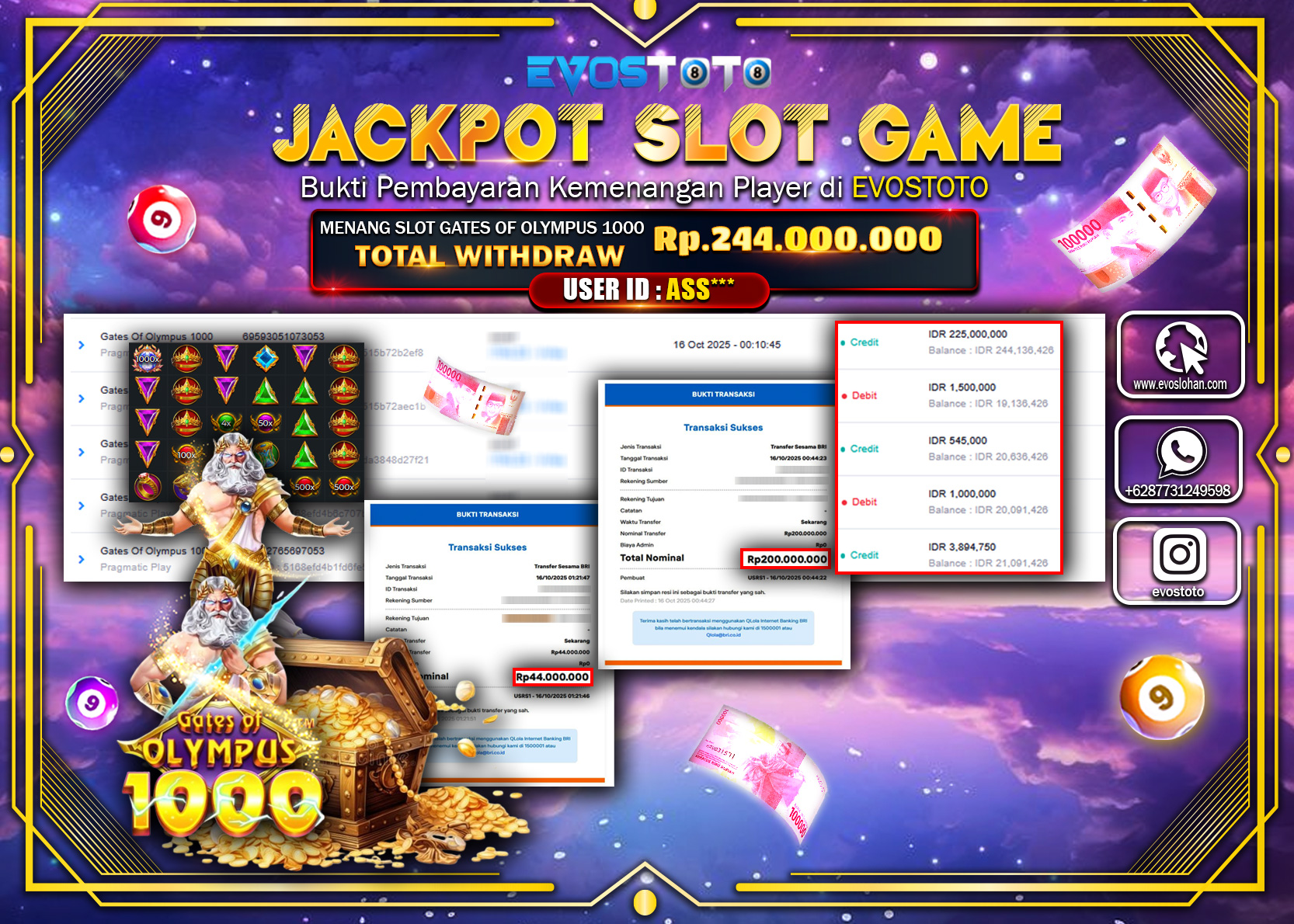 PEMBAYARAN JACKPOT SLOT GATES OF OLYMPUS 1000  Rp244.000.000 DI BAYAR LANGSUNG !
