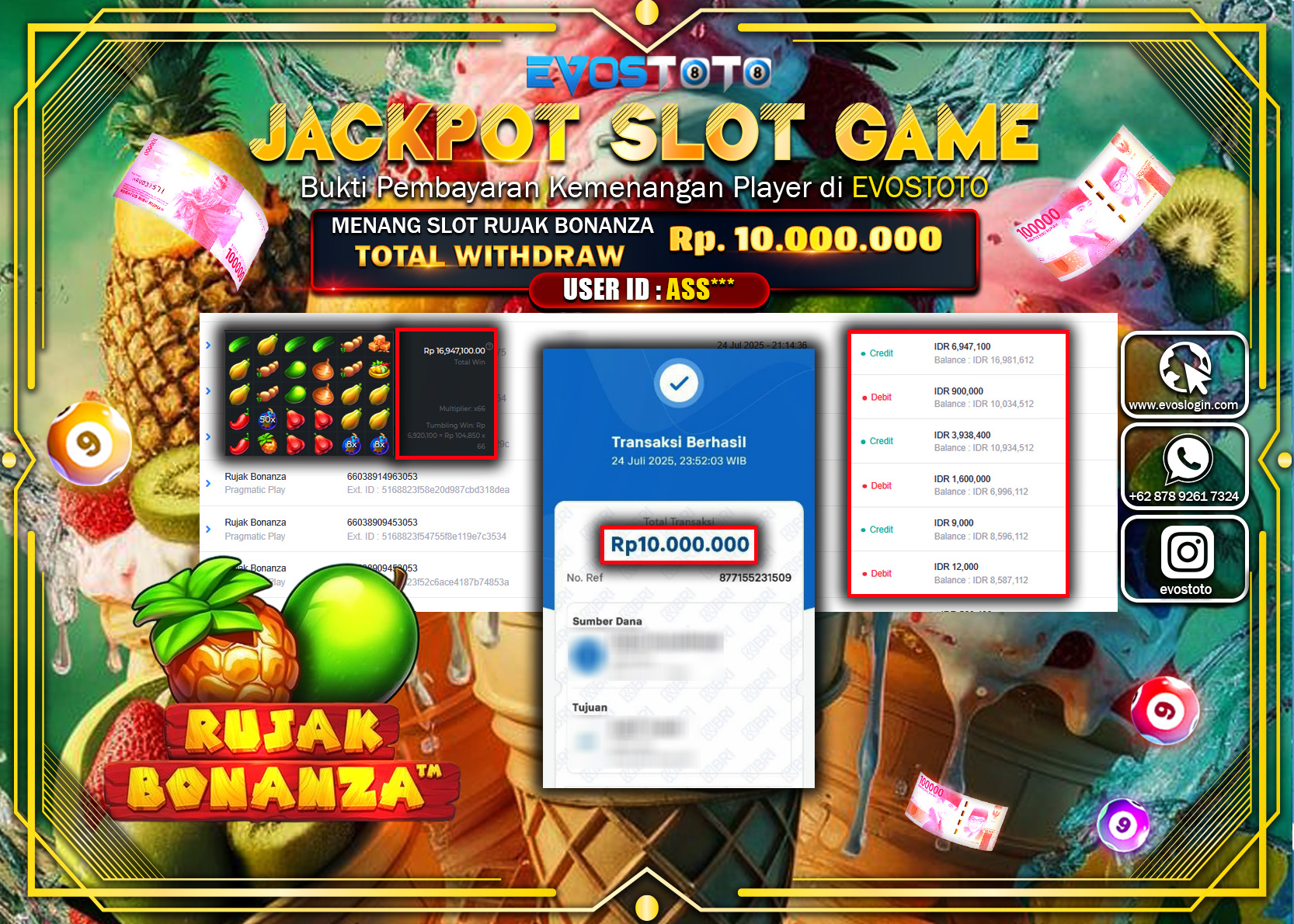 PEMBAYARAN JACKPOT SLOT RUJAK BONANZA  Rp.10.000.000 DI BAYAR LANGSUNG !