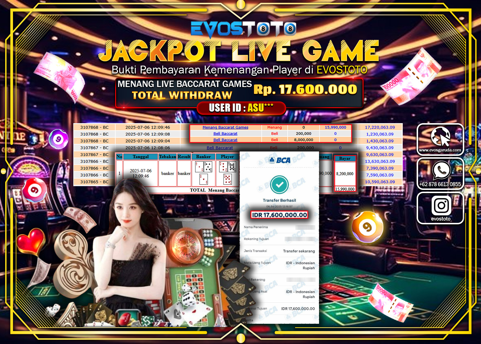 PEMBAYARAN JACKPOT LIVE GAME BACCARAT GAMES RP17.600.000 DI BAYAR LANGSUNG !