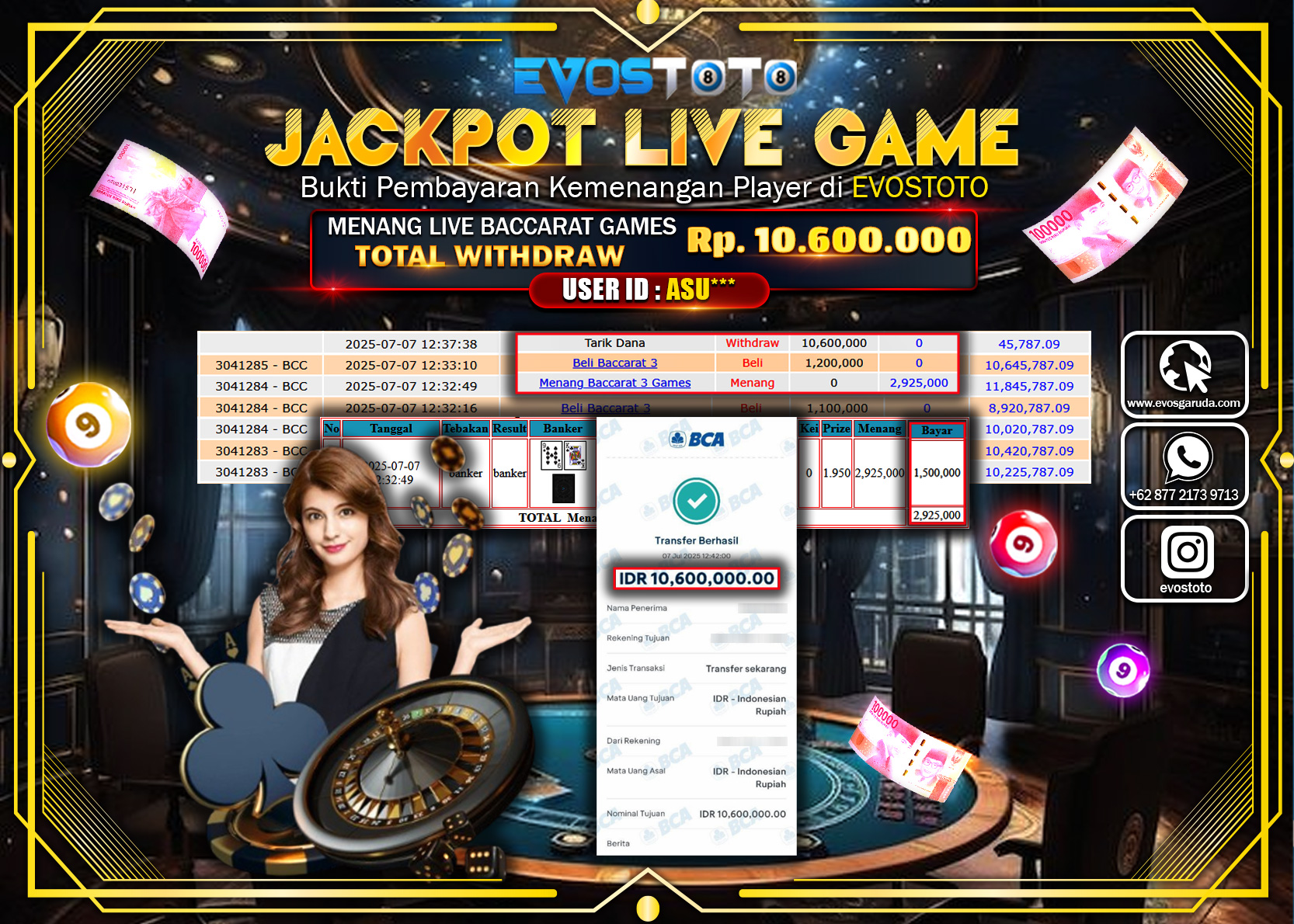 PEMBAYARAN JACKPOT LIVE GAME BACCARAT GAMES RP10.600.000 DI BAYAR LANGSUNG !