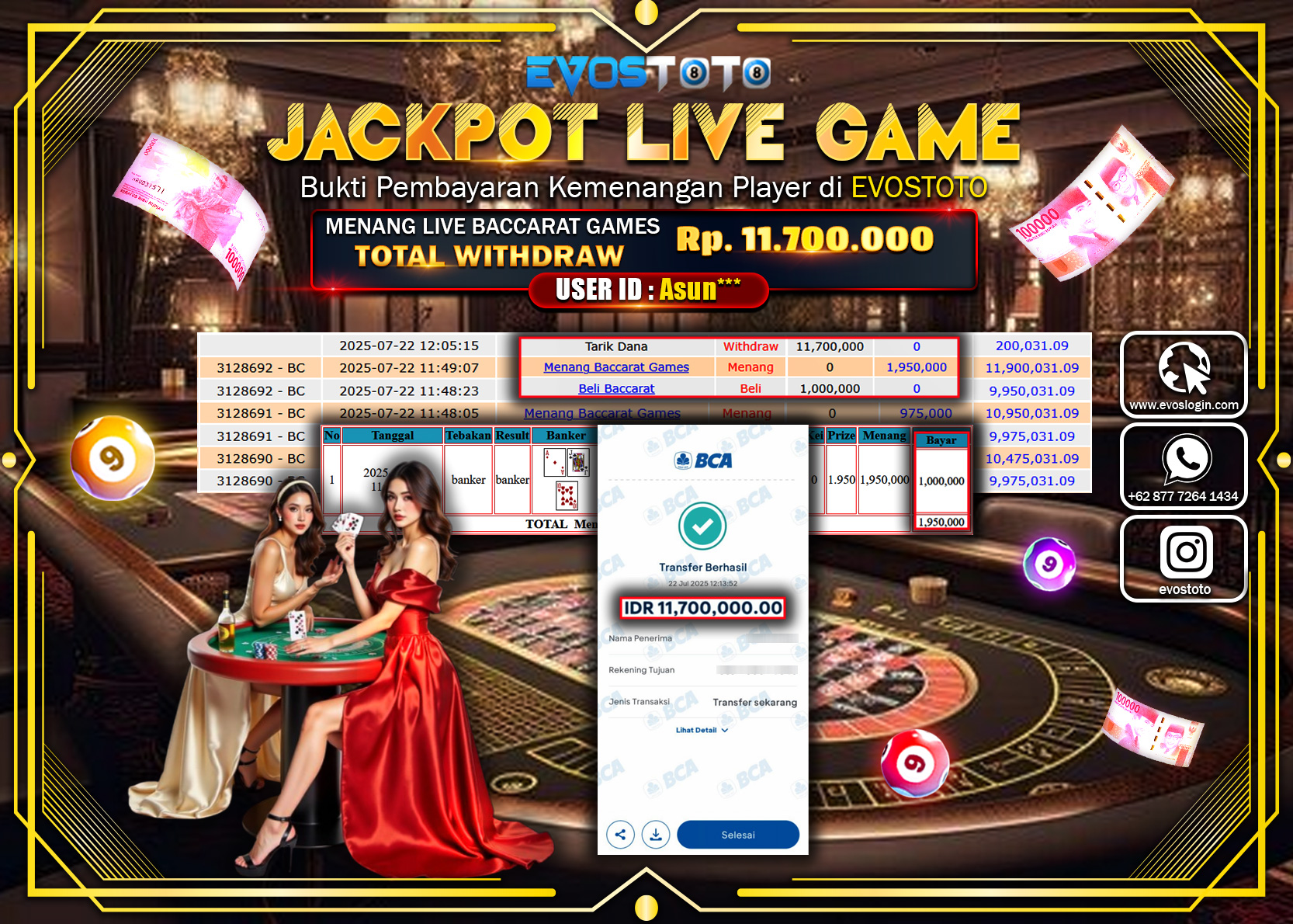 PEMBAYARAN JACKPOT LIVE GAME BACCARAT GAMES RP11.700.000 DI BAYAR LANGSUNG !