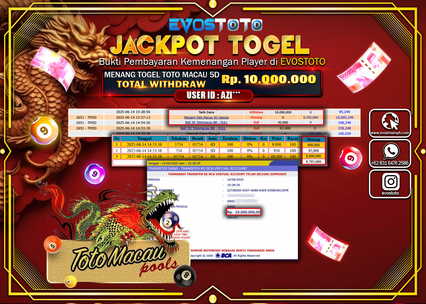 PEMBAYARAN JACKPOT TOGEL TOTO MACAU 5D 10.000.000 DI BAYAR LANGSUNG !