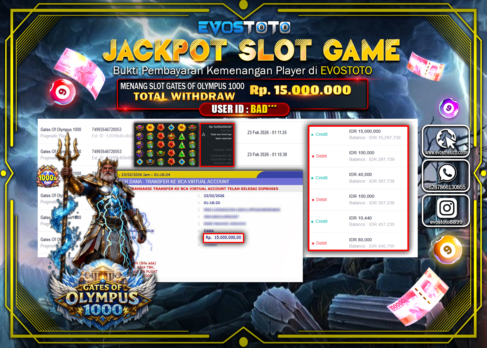 PEMBAYARAN JACKPOT SLOT GAME GATES OF OLYMPUS 1000 Rp.15.000.000 DI BAYAR LANGSUNG !