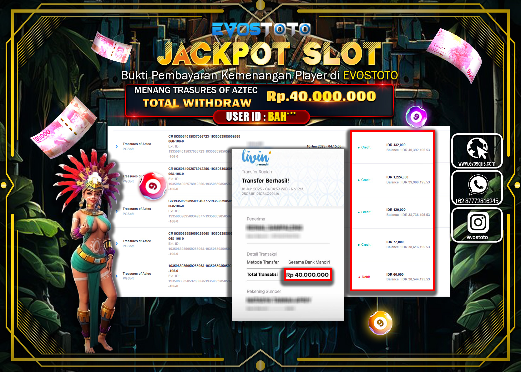 PEMBAYARAN JACKPOT SLOT  TRASURES OF AZTEC  40.000.000 DI BAYAR LANGSUNG !
