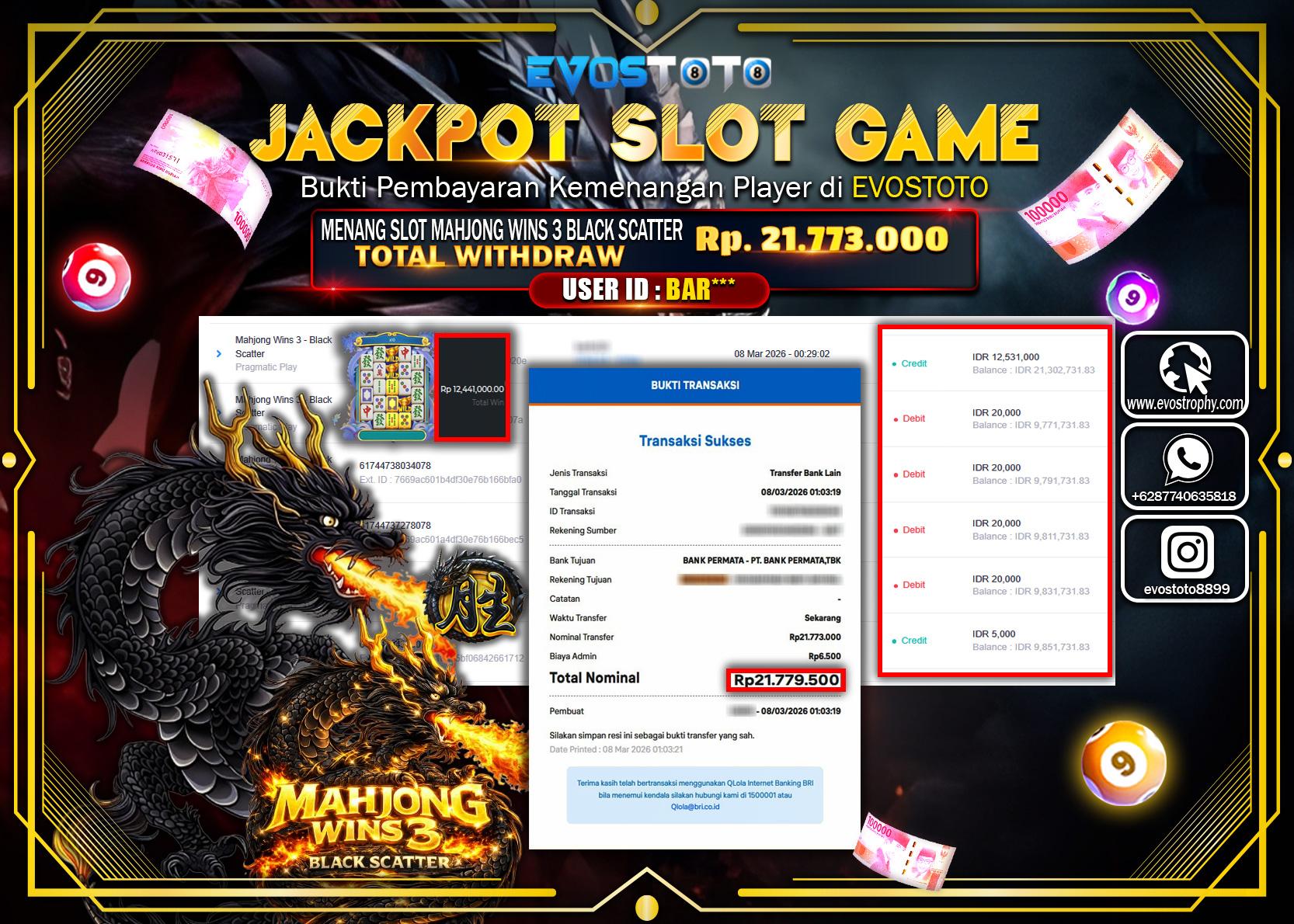 PEMBAYARAN JACKPOT SLOT MAHJONG WINS 3 BLACK SCATTER Rp.21.773.000 DI BAYAR LANGSUNG !