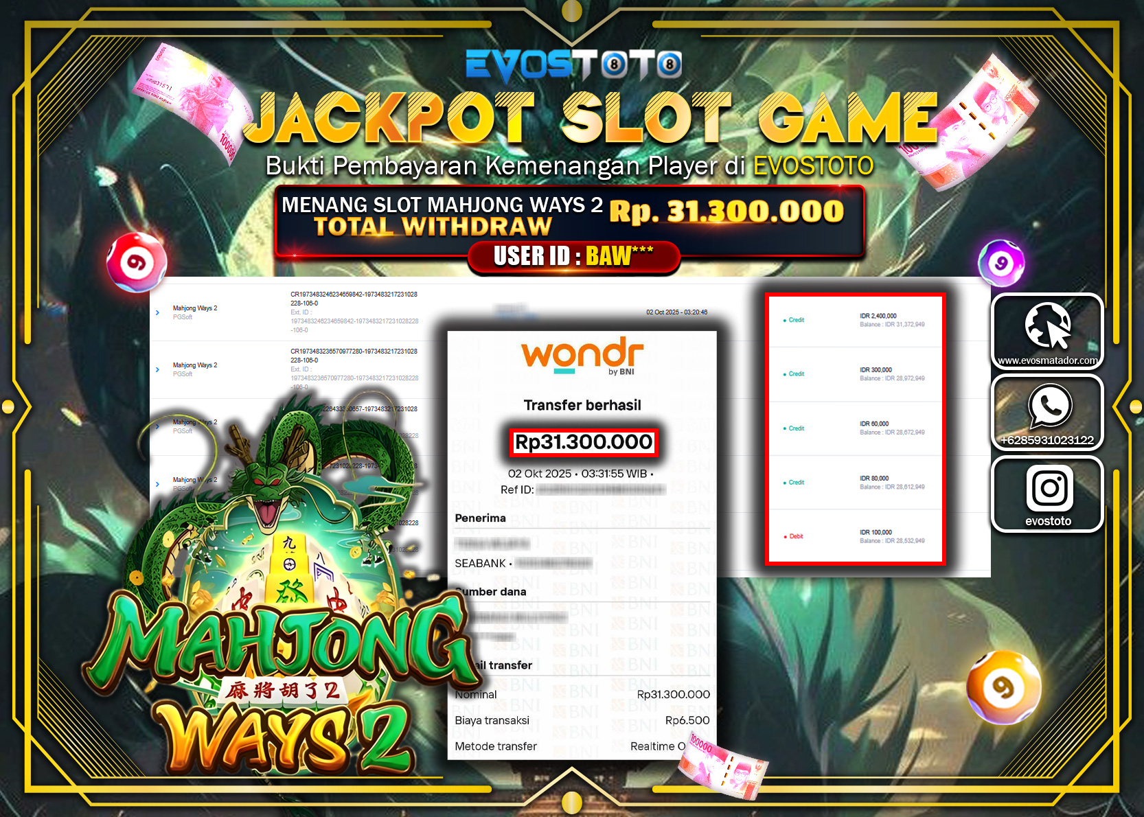 PEMBAYARAN JACKPOT SLOT MAHJONG WAYS 2 Rp31.300.000 DI BAYAR LANGSUNG !