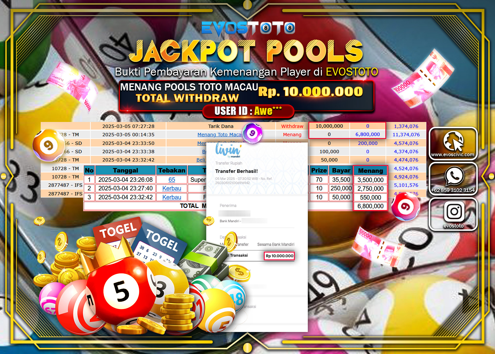 PEMBAYARAN JACKPOT POOLS TOTO MACAU 4D Rp.10.000.000 DI BAYAR LANGSUNG !