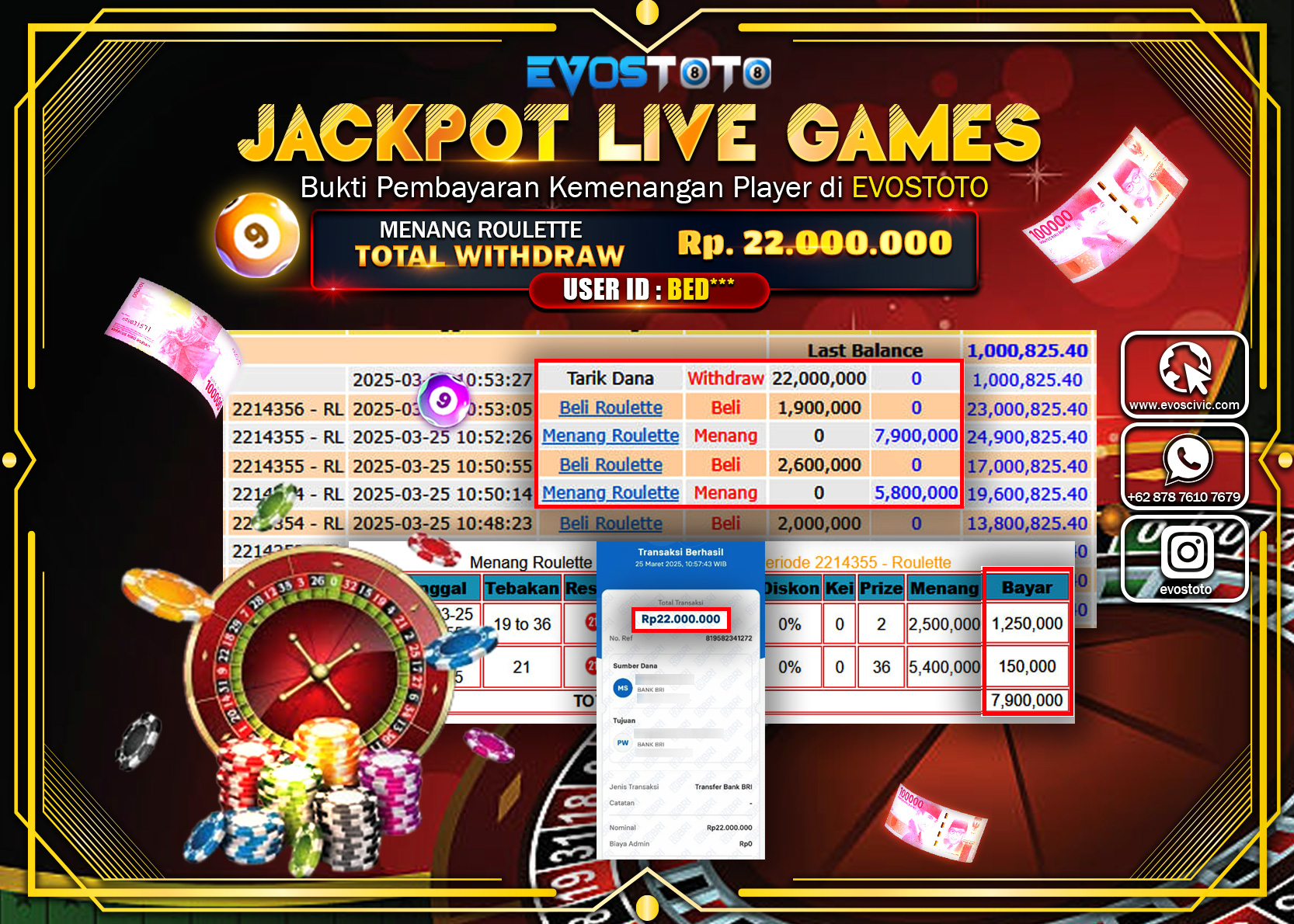PEMBAYARAN JACKPOT LIVE GAME ROULLETE Rp.22.000.000 DI BAYAR LANGSUNG !