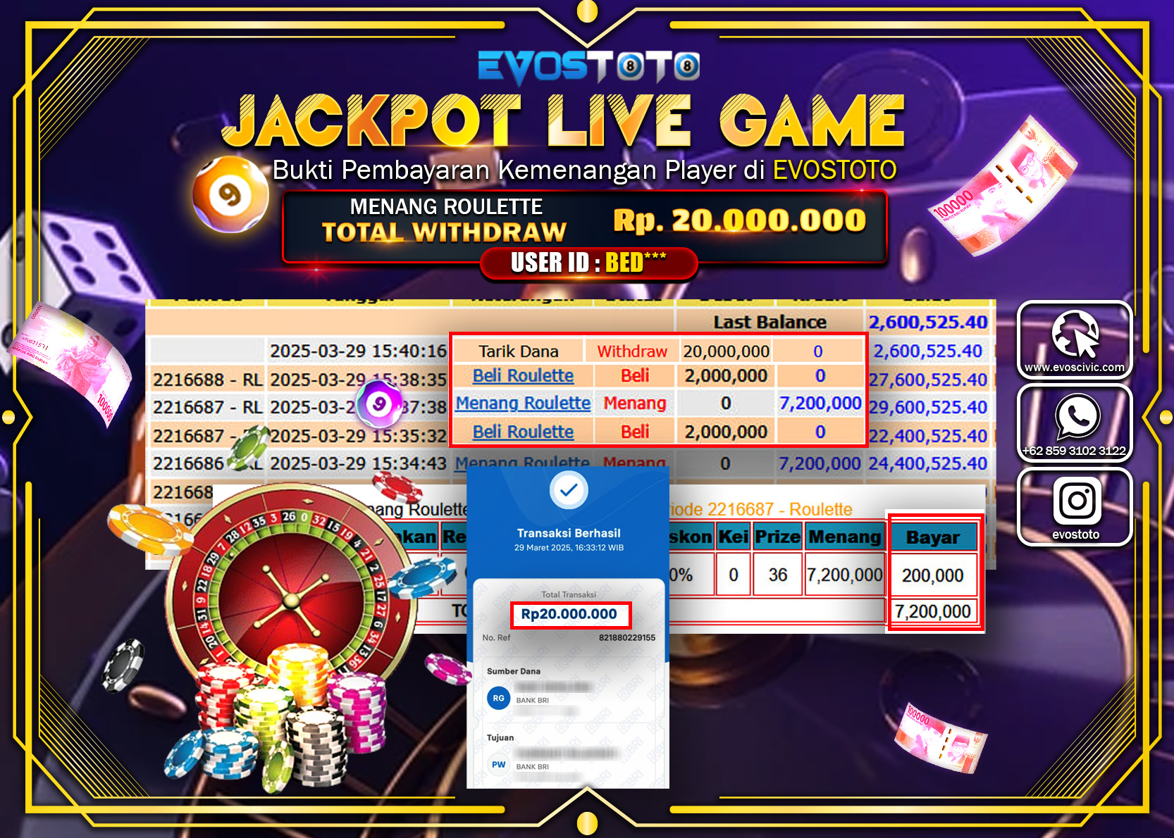 PEMBAYARAN JACKPOT LIVE GAME ROULLETE Rp.20.000.000 DI BAYAR LANGSUNG !