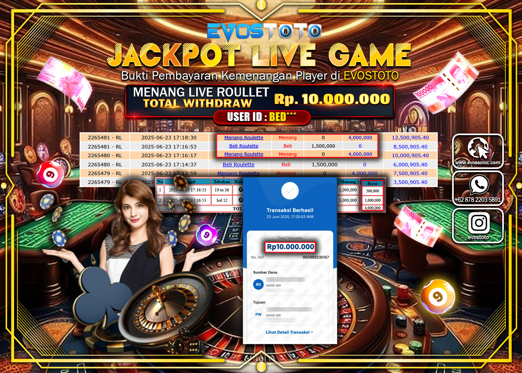 PEMBAYARAN JACKPOT LIVE GAME ROULLET RP10.000.000 DI BAYAR LANGSUNG !