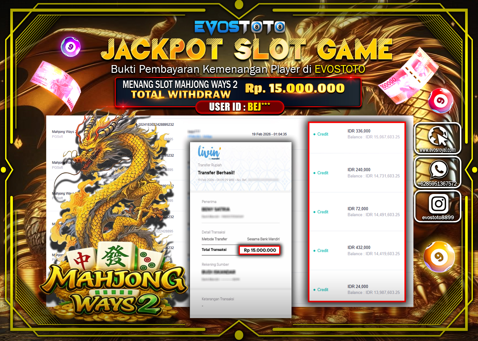 PEMBAYARAN JACKPOT SLOT MAHJONG WAYS 2 Rp.15.000.000 DI BAYAR LANGSUNG !