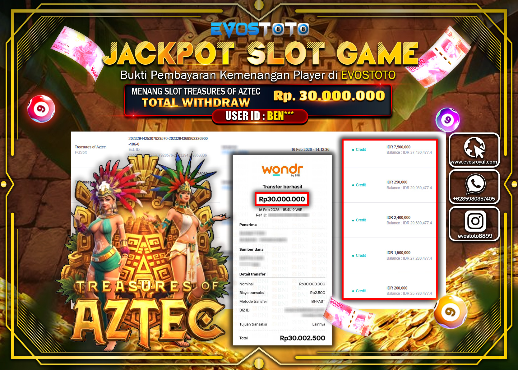 PEMBAYARAN JACKPOT SLOT TREASURES OF AZTEC Rp.30.000.000 DI BAYAR LANGSUNG !