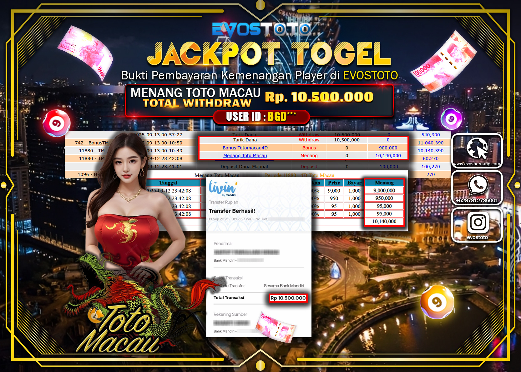 PEMBAYARAN JACKPOT TOGEL TOTO MACAU Rp10.500.000 DI BAYAR LANGSUNG !