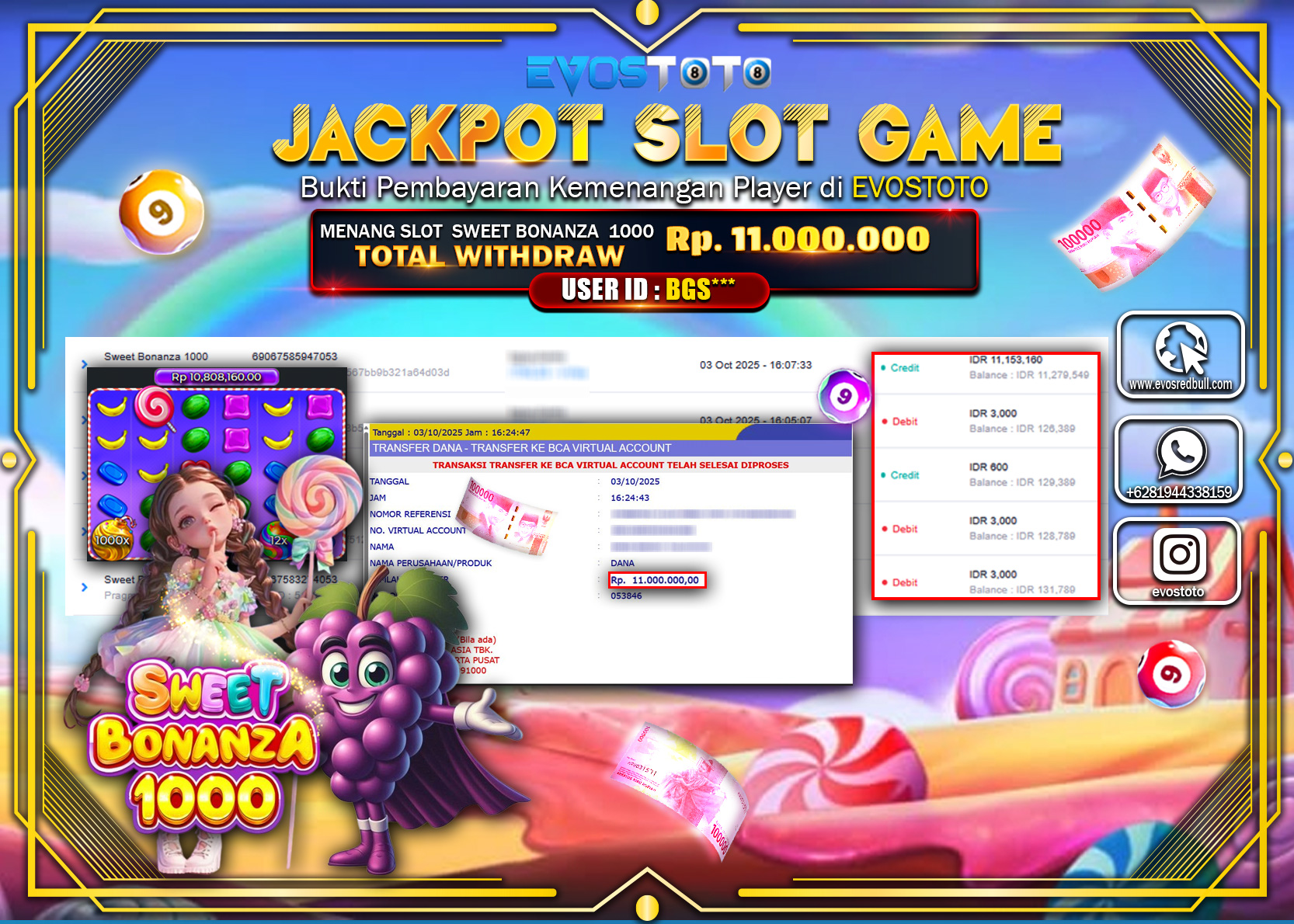 PEMBAYARAN JACKPOT SLOT SWEET BONANZA 1000   Rp11.000.000 DI BAYAR LANGSUNG !