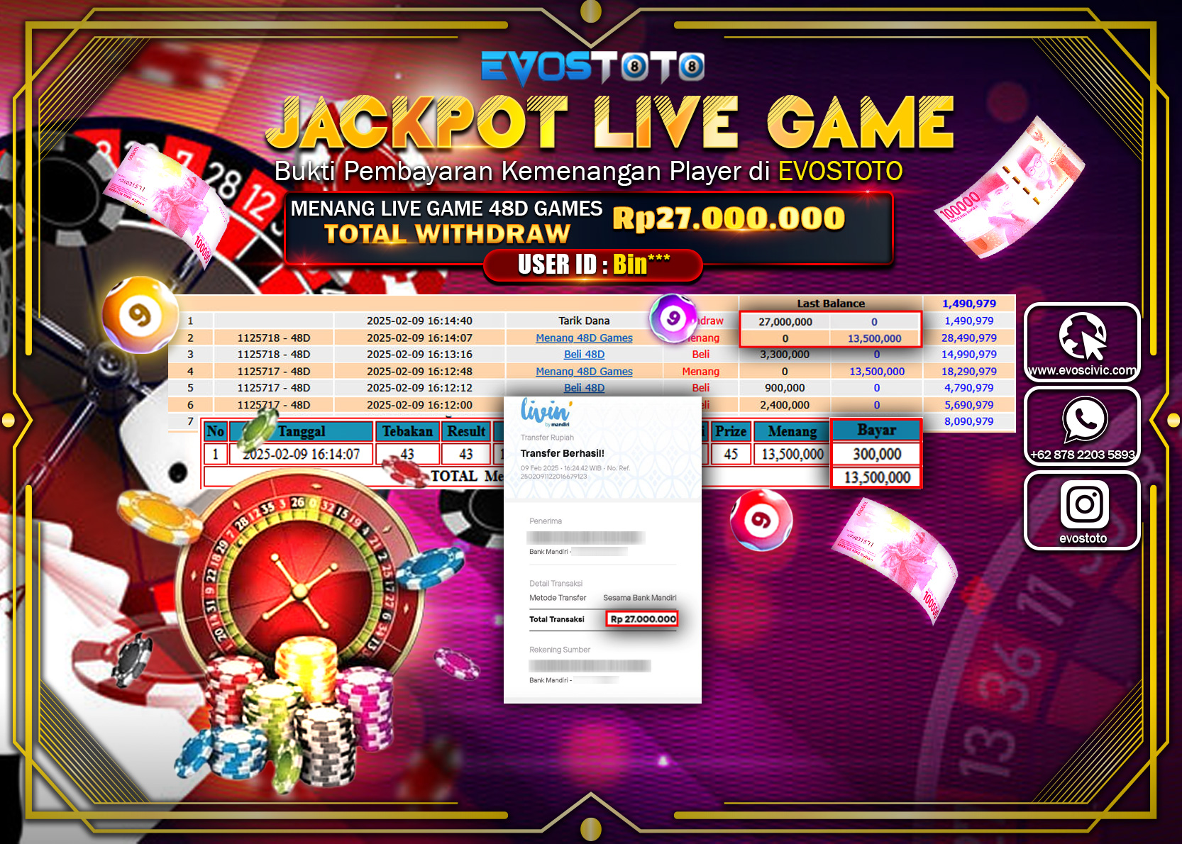 PEMBAYARAN JACKPOT LIVE GAME 48D GAMES Rp.27.000.000 DI BAYAR LANGSUNG !