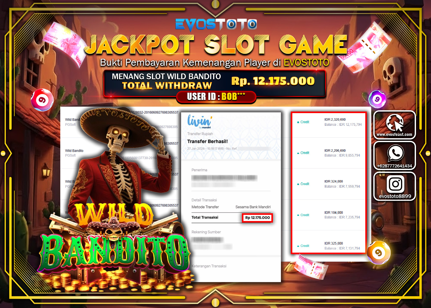 PEMBAYARAN JACKPOT SLOT WILD BANDITO Rp.12.175.000 DI BAYAR LANGSUNG !