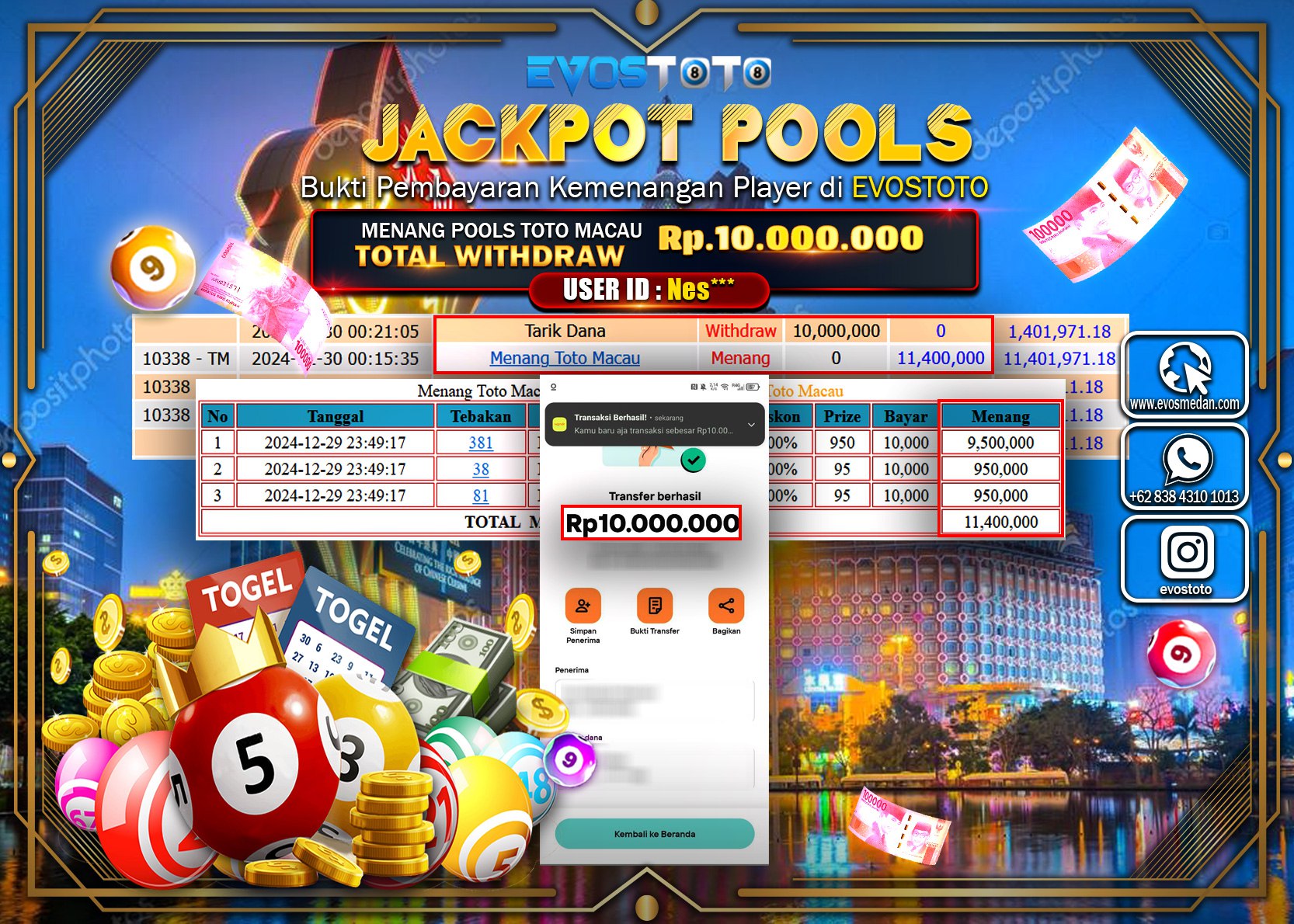 PEMBAYARAN JACKPOT POOLS TOTO MACAU Rp.10.000.000 DI BAYAR LANGSUNG !