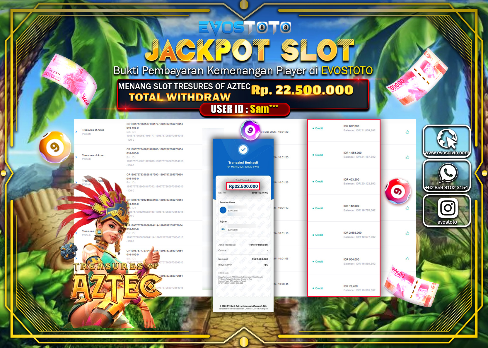 PEMBAYARAN JACKPOT SLOT TRESURES OF AZTEC Rp.22.500.000 DI BAYAR LANGSUNG !