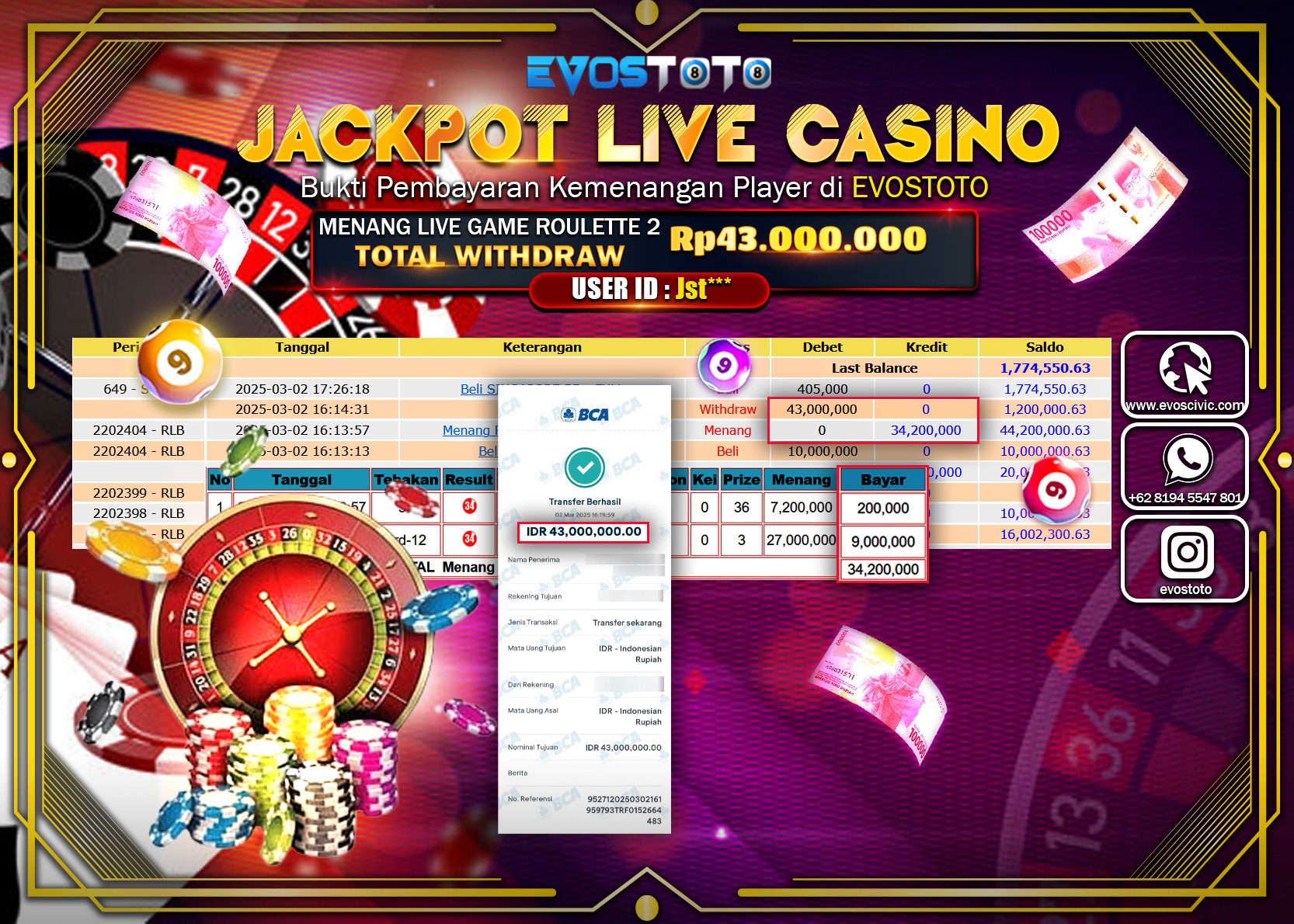 PEMBAYARAN JACKPOT LIVE GAME ROULETTE 2  Rp.43.000.000 DI BAYAR LANGSUNG !