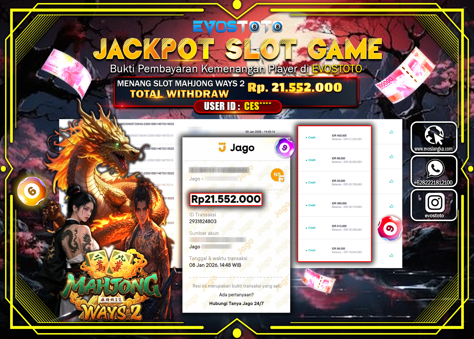 PEMBAYARAN JACKPOT SLOT MAHJONG WAYS 2 Rp.21.552.000 DI BAYAR LANGSUNG !