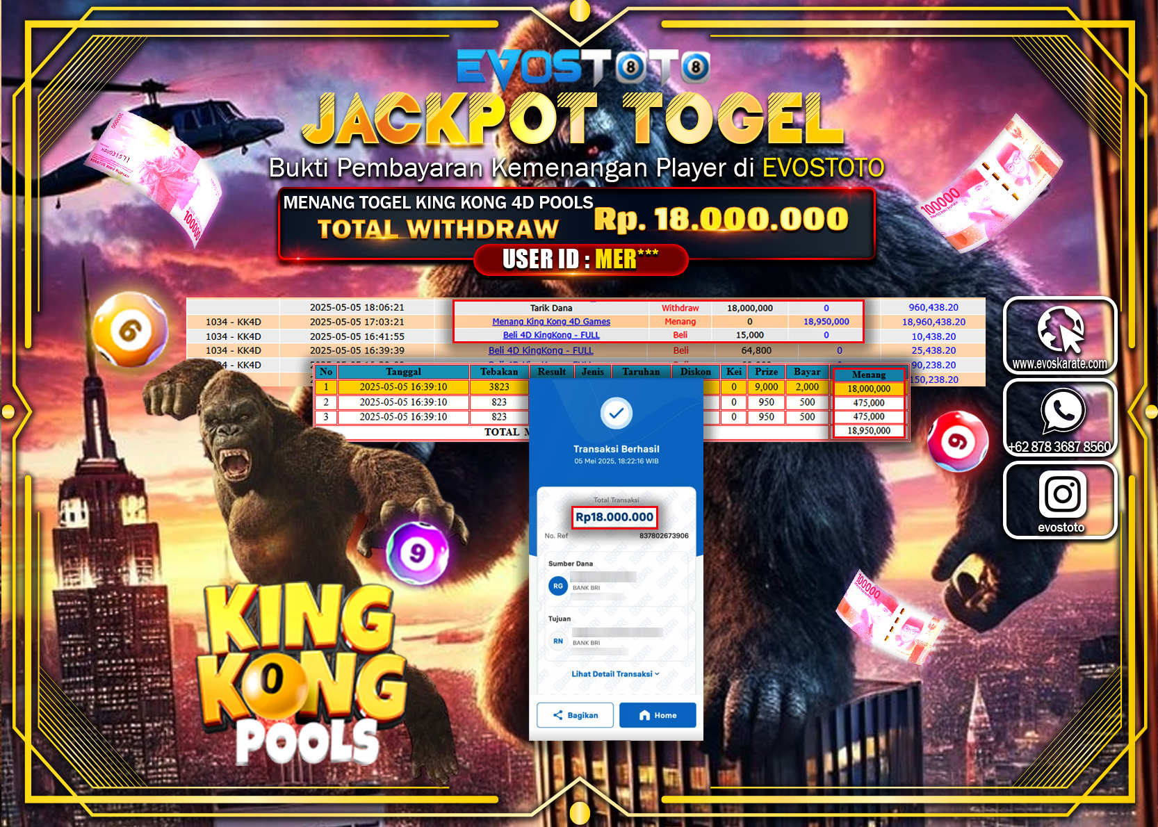 PEMBAYARAN JACKPOT TOGEL KING KONG 4D POOLS Rp.18.000.000 DI BAYAR LANGSUNG !