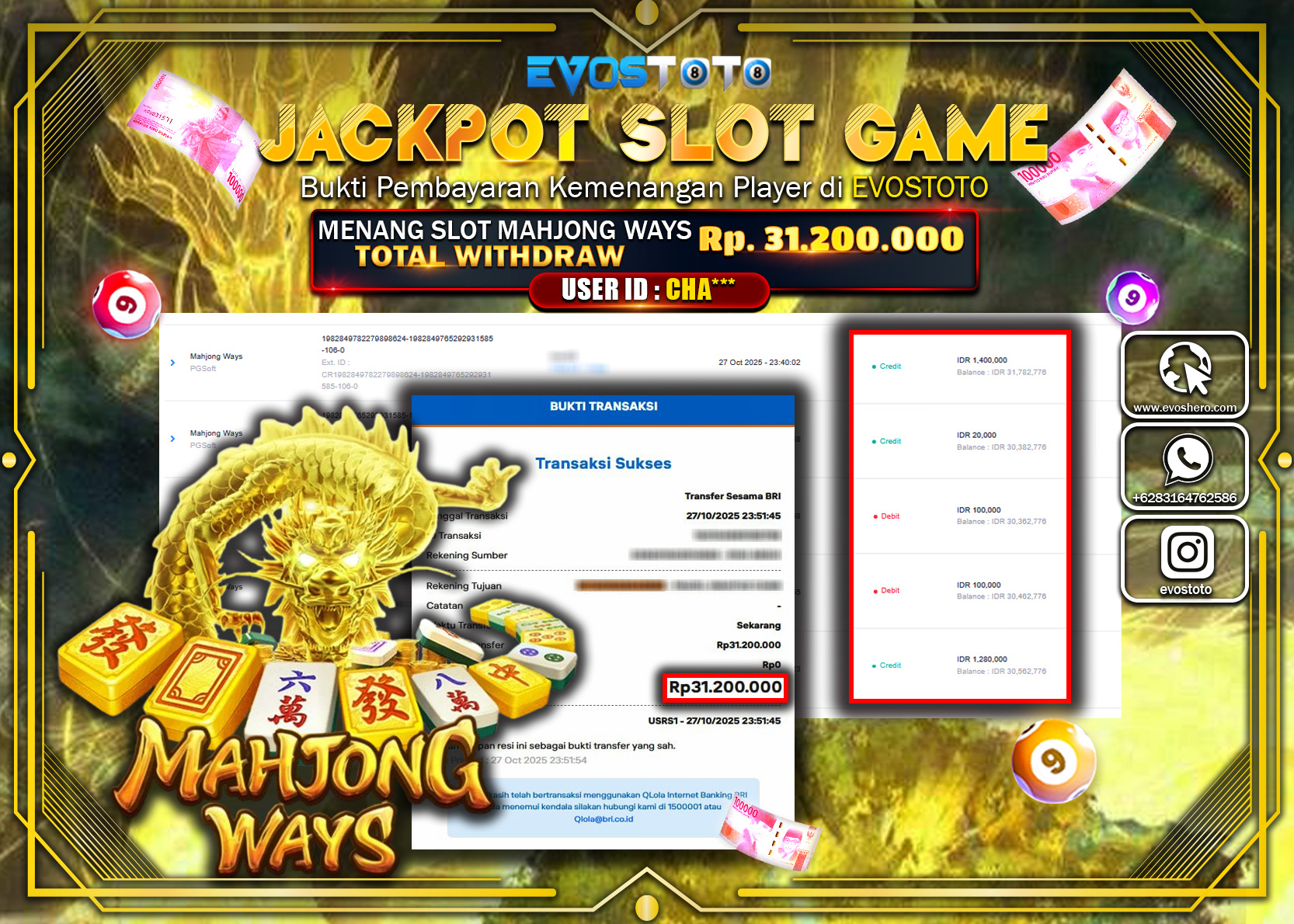 PEMBAYARAN JACKPOT SLOT MAHJONG WAYS Rp31.200.000 DI BAYAR LANGSUNG !