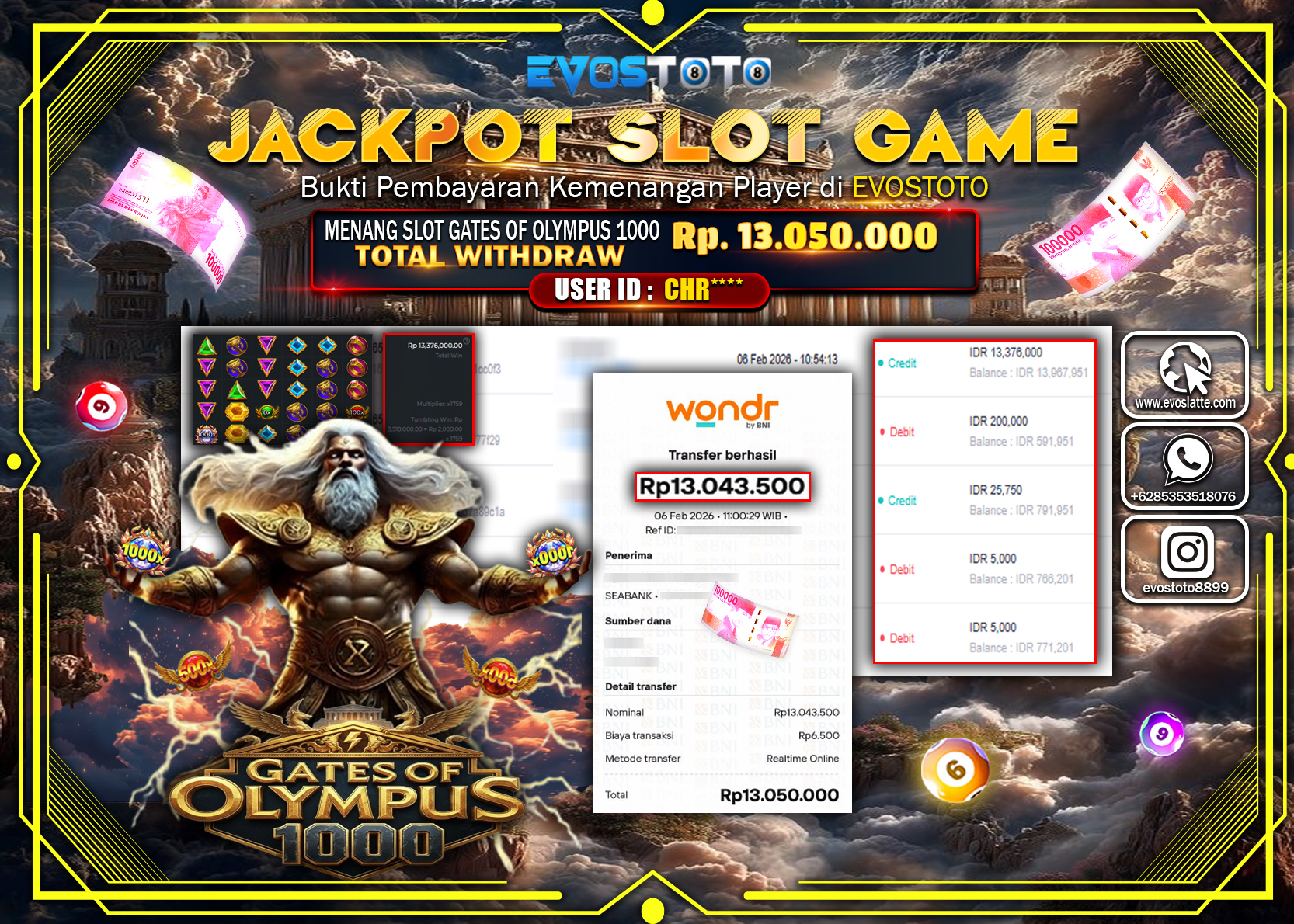 PEMBAYARAN JACKPOT SLOT GATES OF OLYMPUS 1000 Rp.13.050.000 DI BAYAR LANGSUNG !