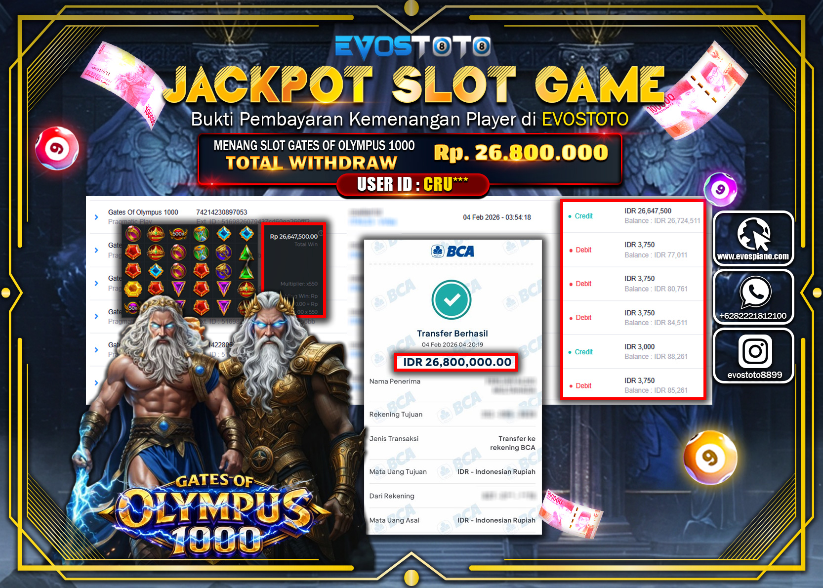 PEMBAYARAN JACKPOT SLOT GATES OF OLYMPUS 1000 Rp.26.800.000 DI BAYAR LANGSUNG !
