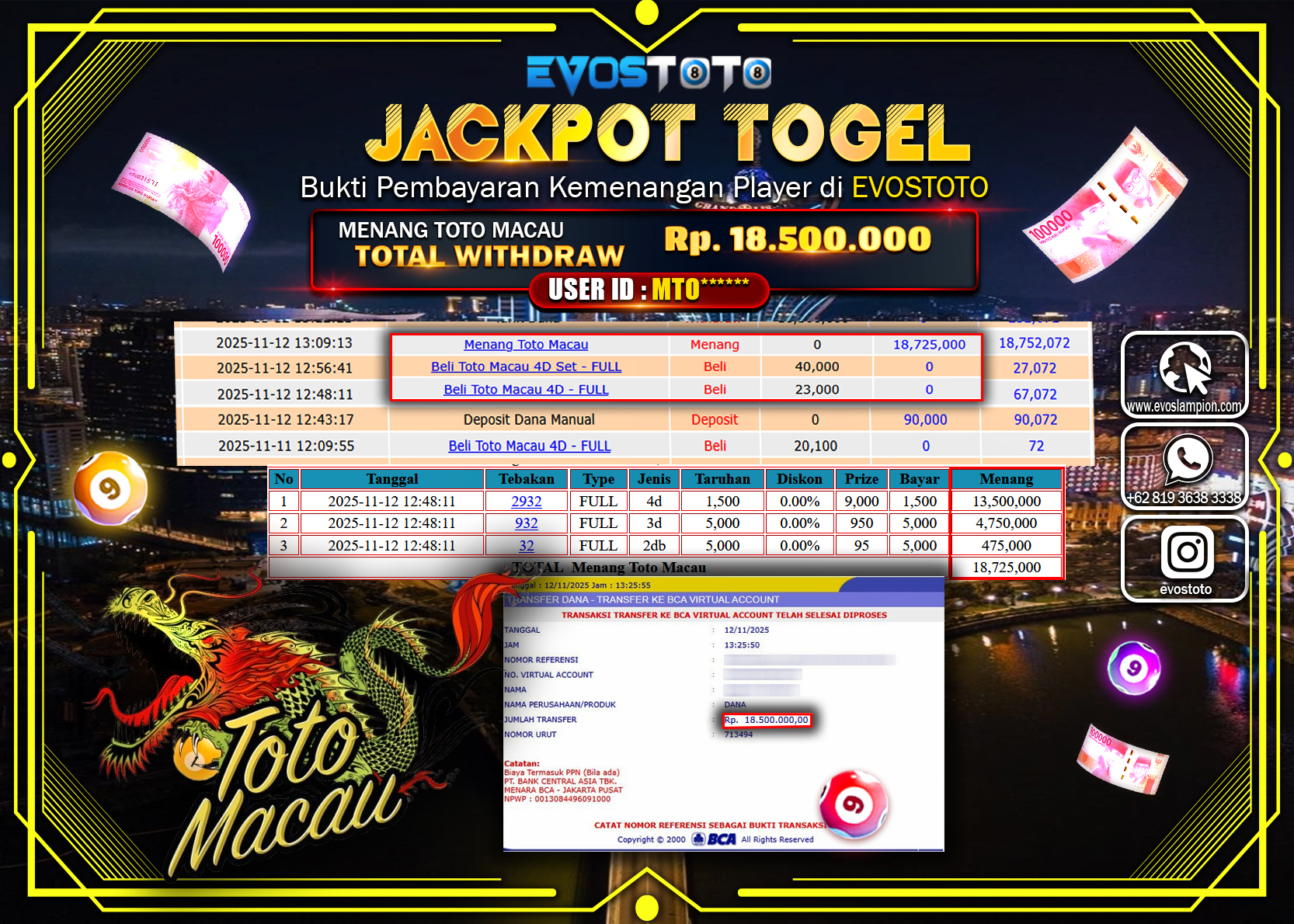 PEMBAYARAN JACKPOT TOGEL TOTO MACAU Rp18.500.000 DI BAYAR LANGSUNG !