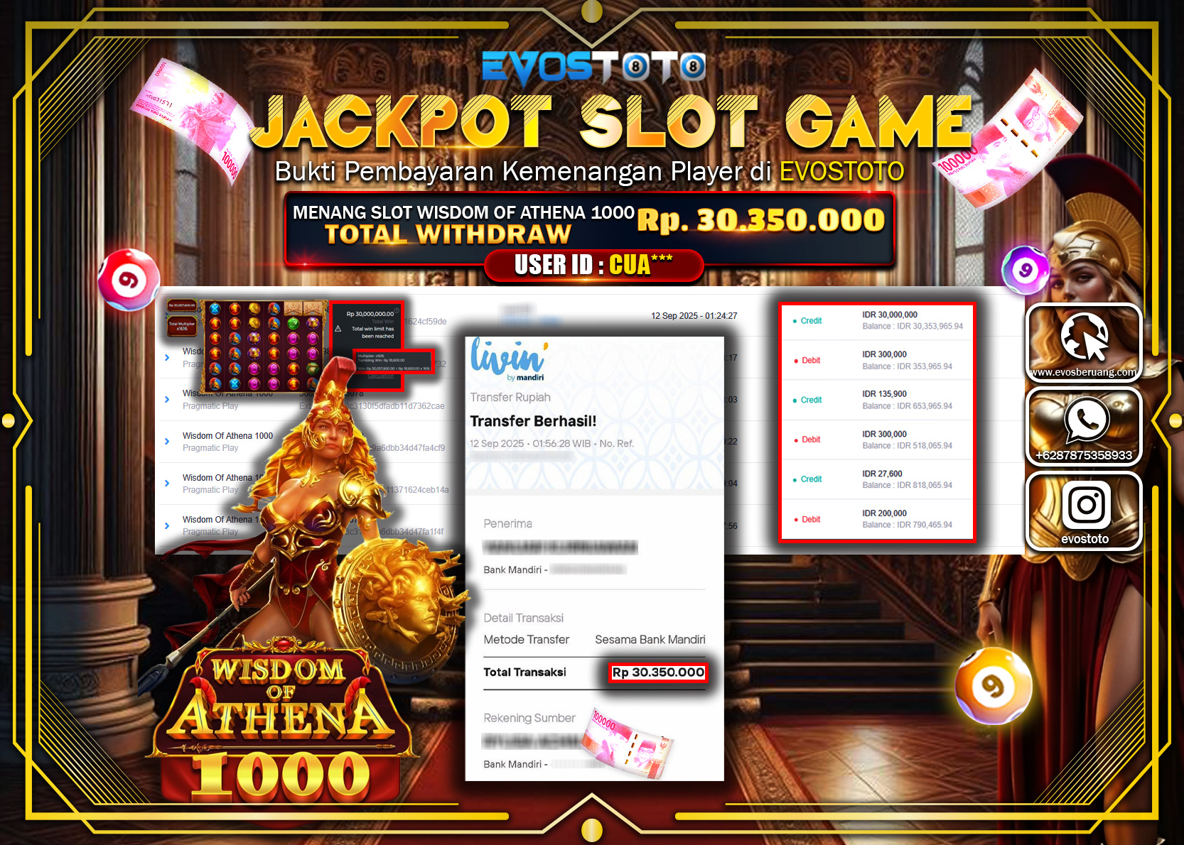 PEMBAYARAN JACKPOT SLOT WISDOM OF ATHENA 1000 Rp30.350.000 DI BAYAR LANGSUNG !