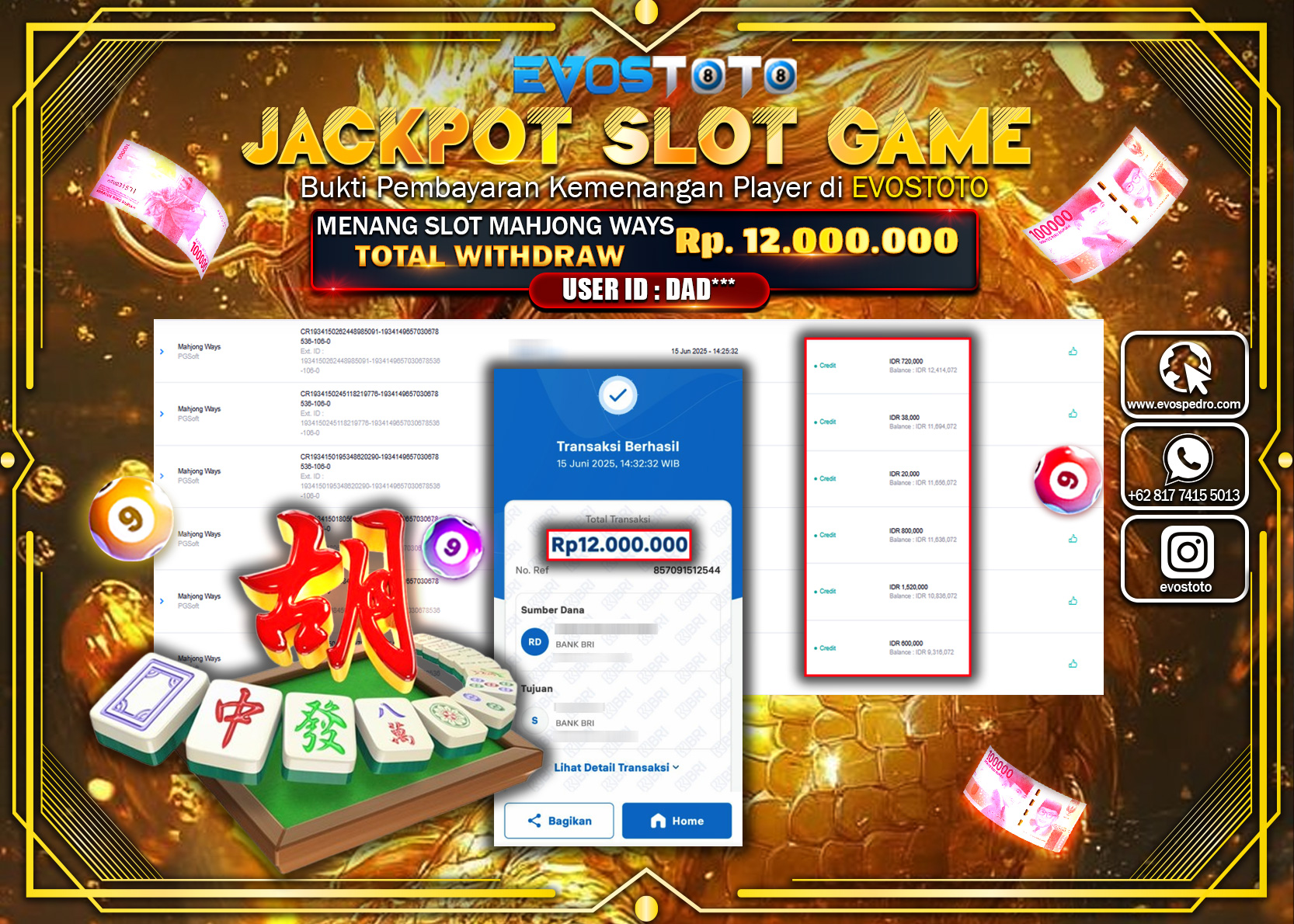 PEMBAYARAN JACKPOT SLOT MAHJONG WAYS RP12.000.000 DI BAYAR LANGSUNG !