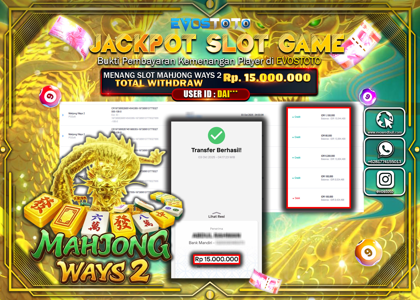PEMBAYARAN JACKPOT SLOT MAHJONG WAYS 2 Rp15.000.000 DI BAYAR LANGSUNG !