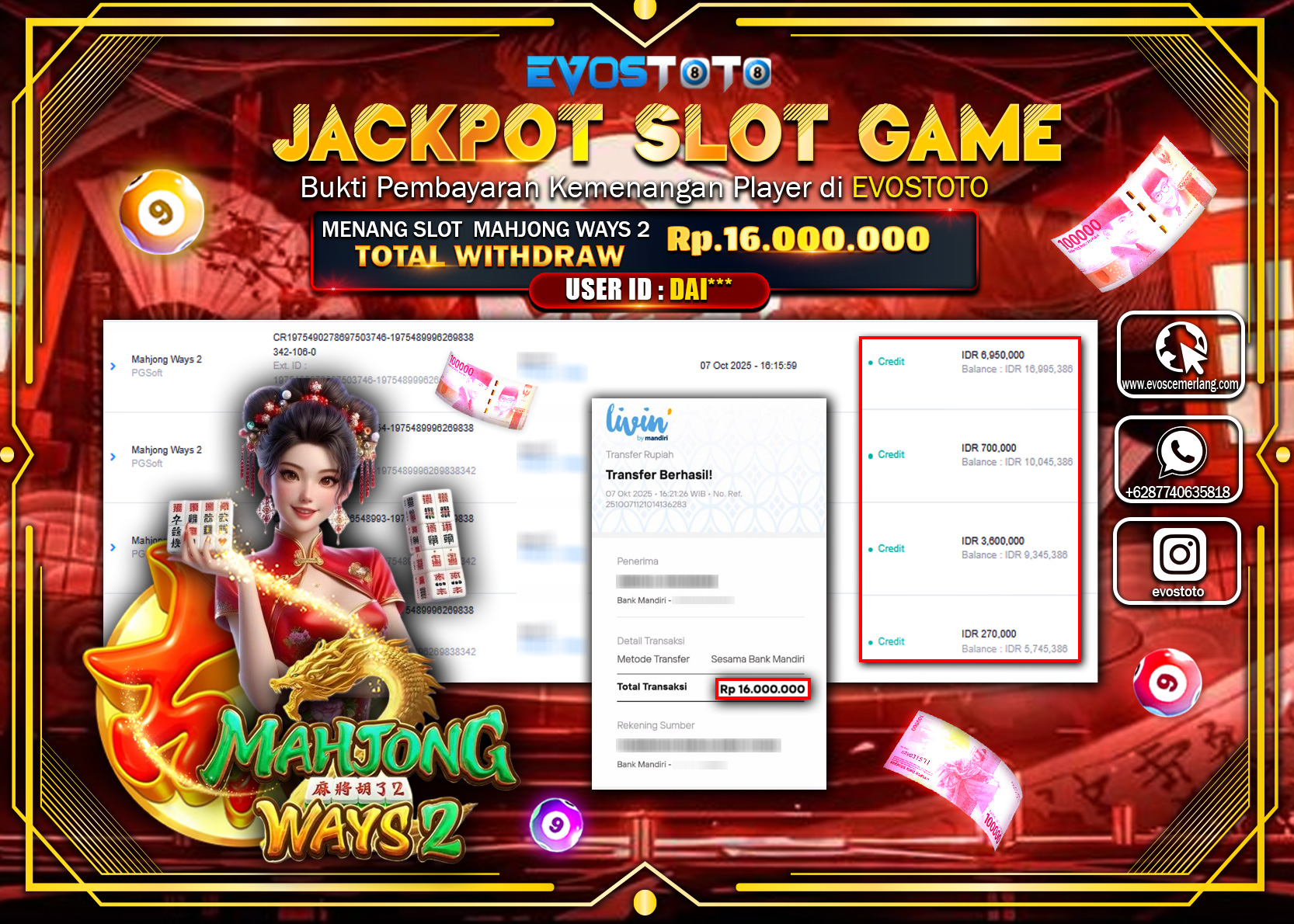 PEMBAYARAN JACKPOT SLOT MAHJONG WAYS 2 Rp16.000.000 DI BAYAR LANGSUNG !