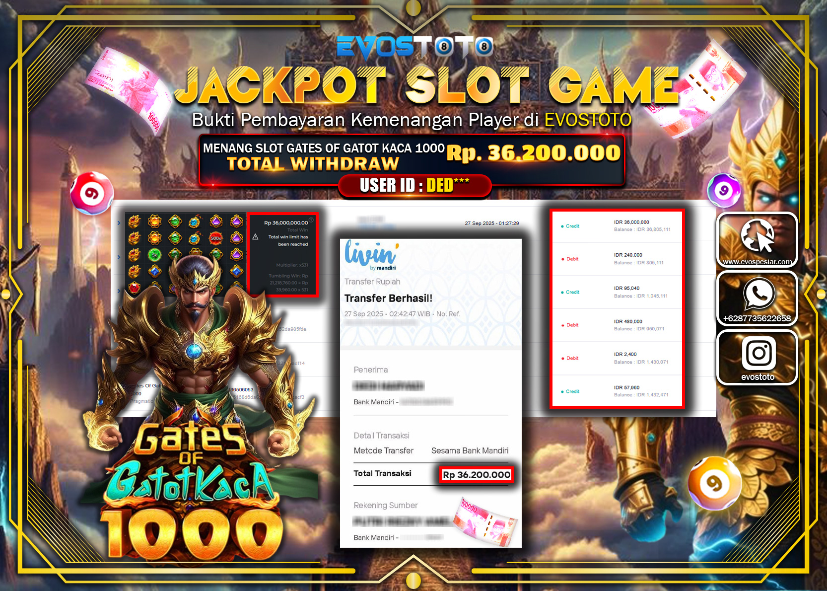 PEMBAYARAN JACKPOT SLOT GATES OF GATOT KACA 1000 Rp36.200.000 DI BAYAR LANGSUNG !