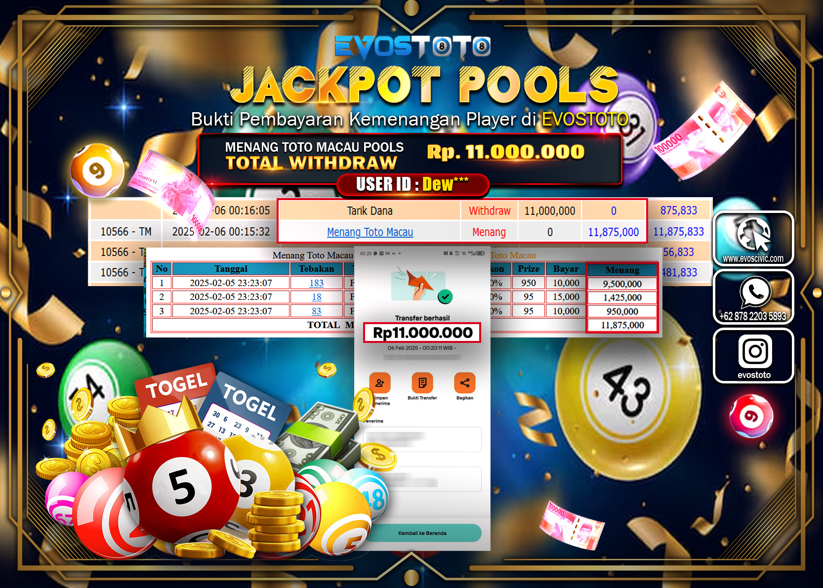 PEMBAYARAN JACKPOT POOLS TOTO MACAU Rp.11.000.000 DI BAYAR LANGSUNG !
